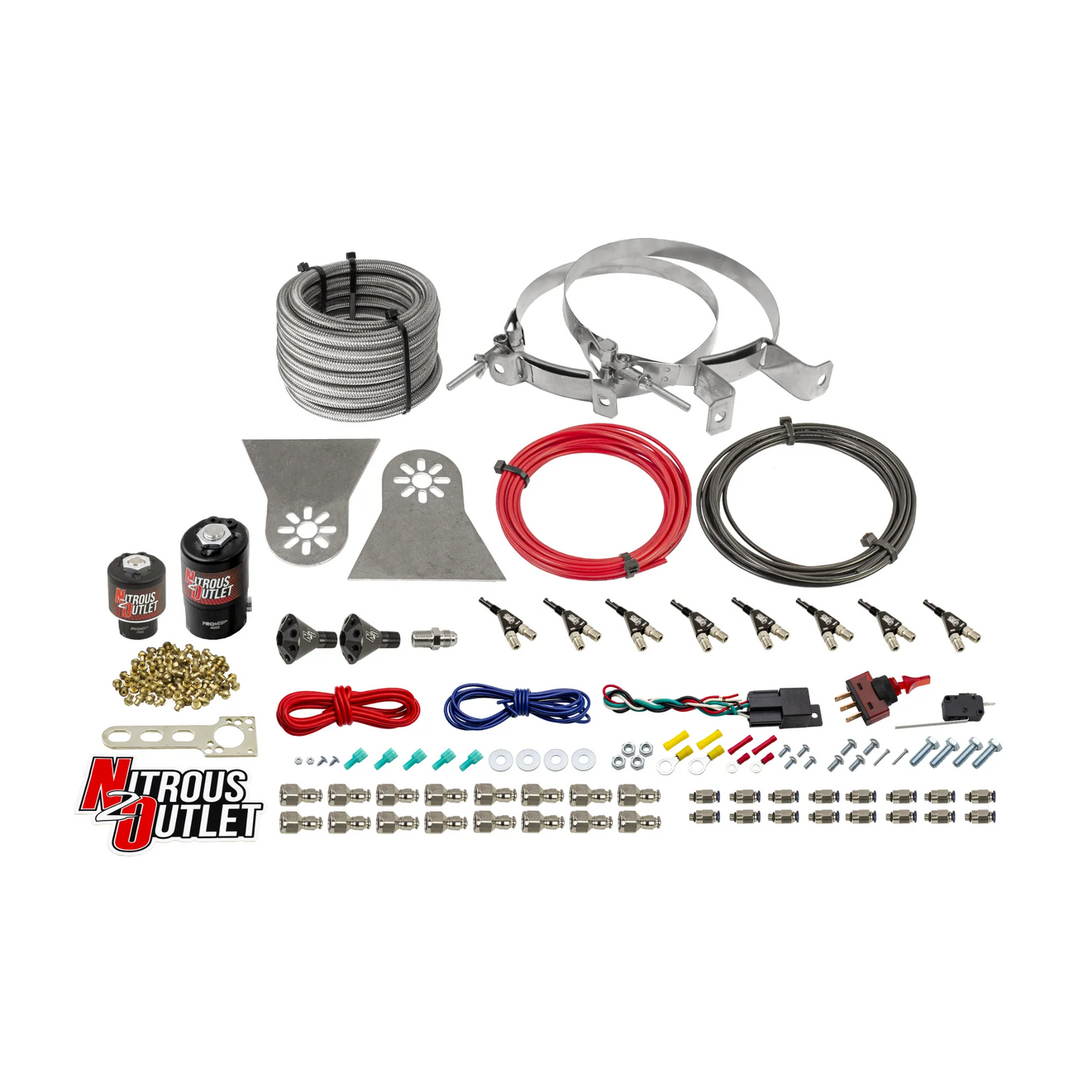8 Cylinder Nylon Hose Direct Port Wet Nitrous System - Showerhead Distribution Blocks - .122 Nitrous/.177 Fuel - 90° Aluminum Nozzles