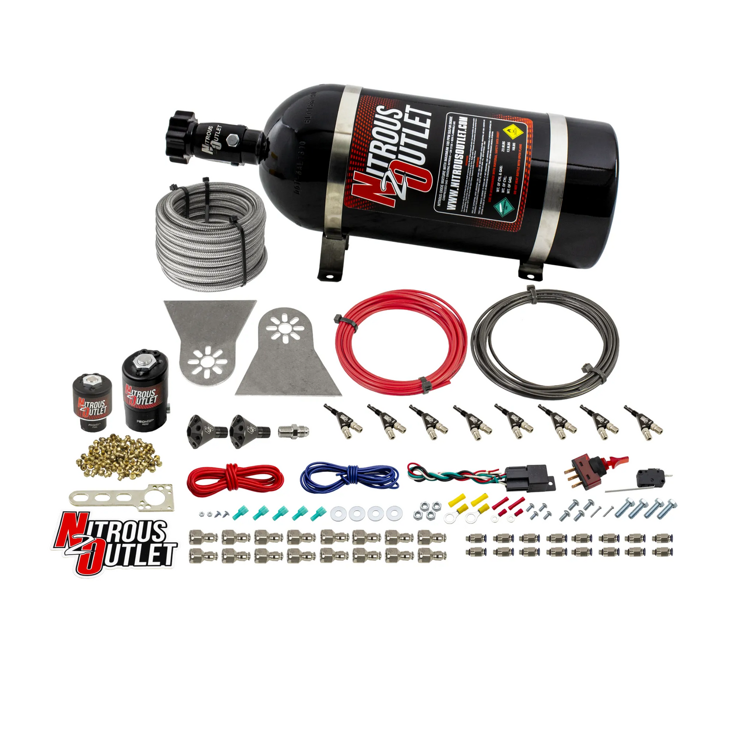 8 Cylinder Nylon Hose Direct Port Wet Nitrous System - Showerhead Distribution Blocks - .122 Nitrous/.177 Fuel - 90° Aluminum Nozzles