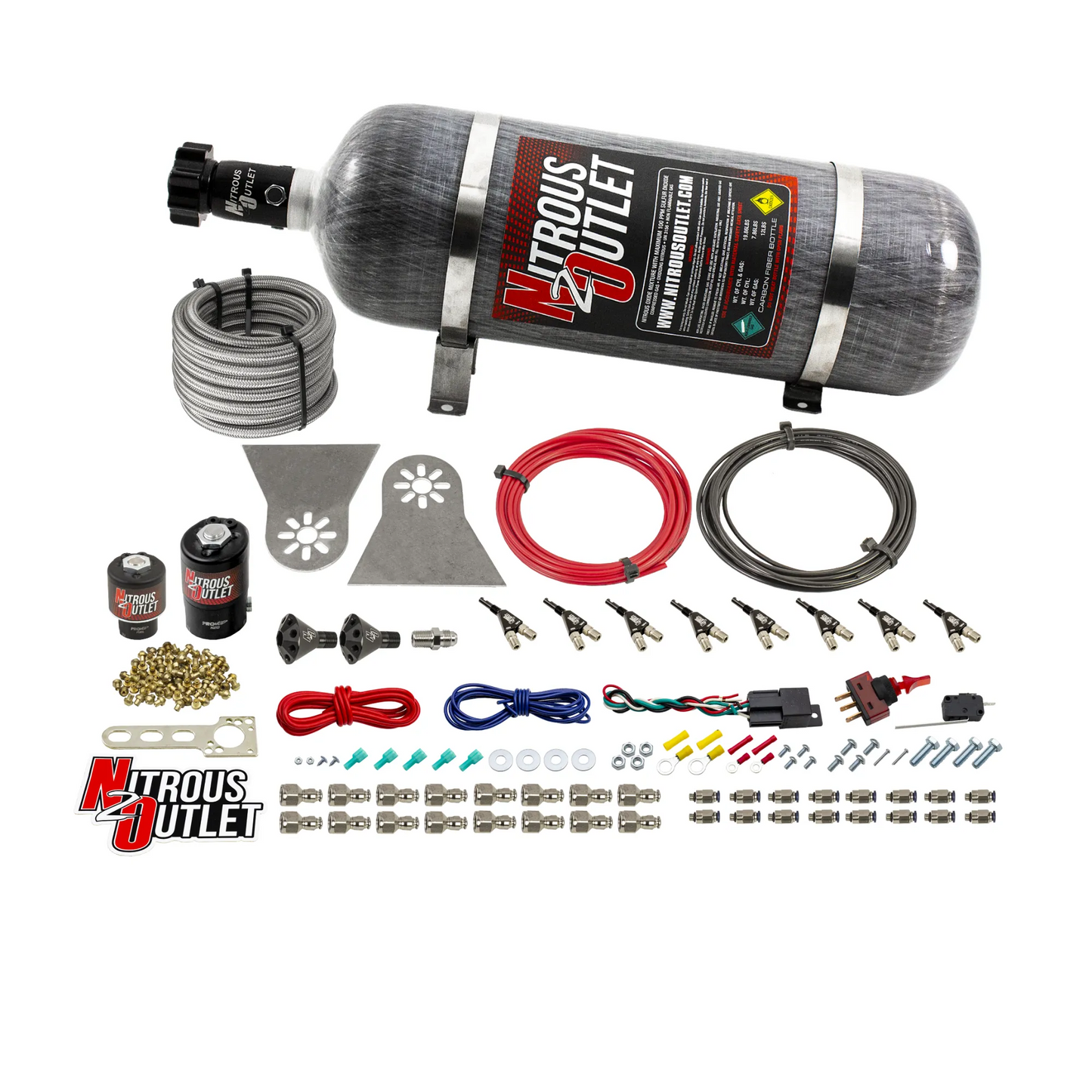 8 Cylinder Nylon Hose Direct Port Wet Nitrous System - Showerhead Distribution Blocks - .122 Nitrous/.177 Fuel - 90° Aluminum Nozzles