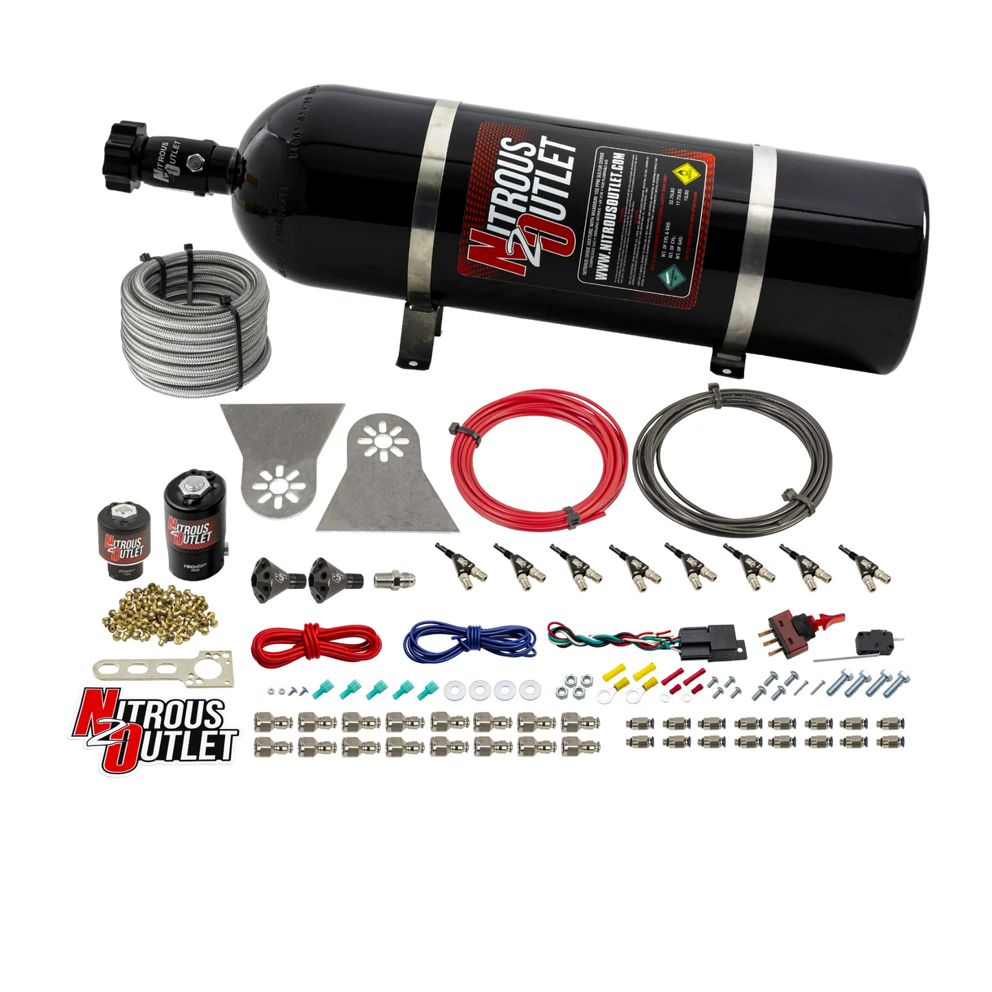 8 Cylinder Nylon Hose Direct Port Wet Nitrous System - Showerhead Distribution Blocks - .122 Nitrous/.177 Fuel - 90° Aluminum Nozzles
