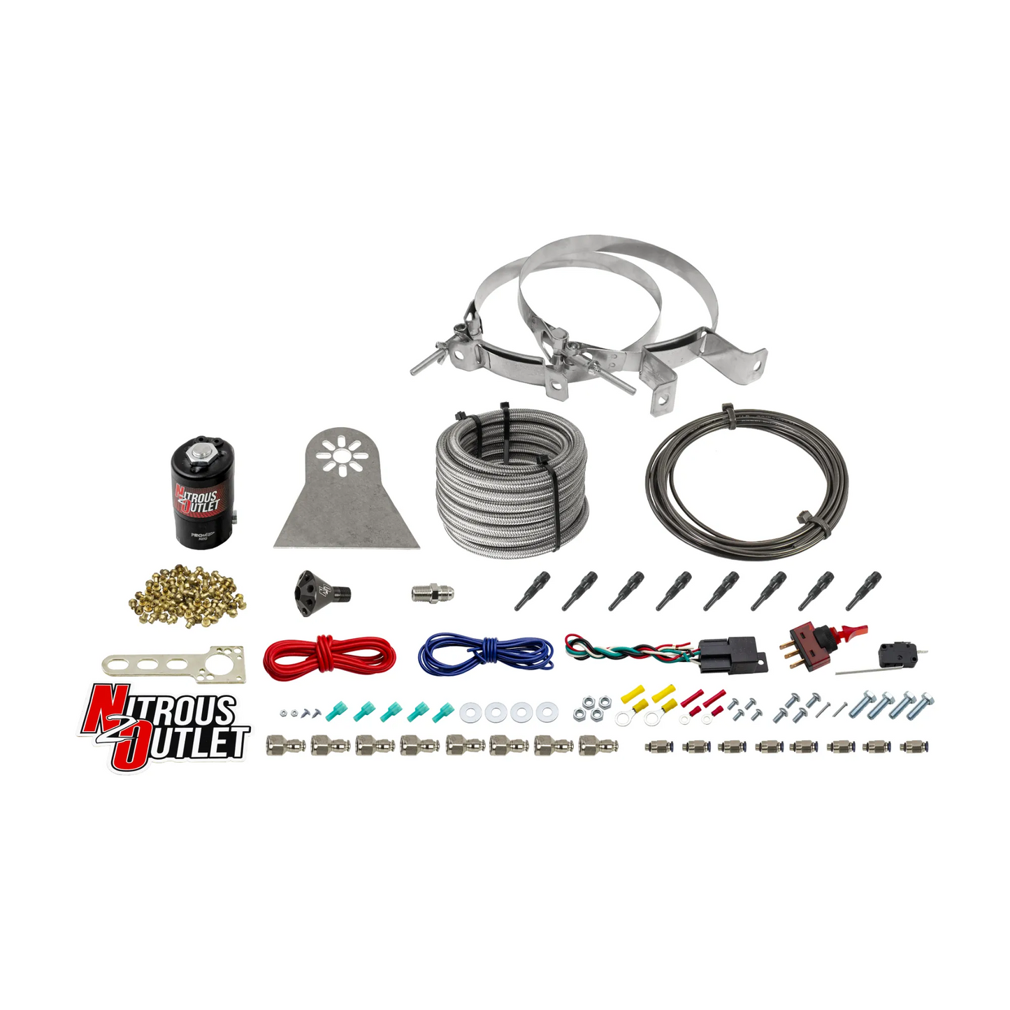 8 Cylinder Nylon Hose Direct Port Dry Nitrous System - Showerhead Distribution Blocks - .122 Nitrous - 90° Aluminum Nozzles