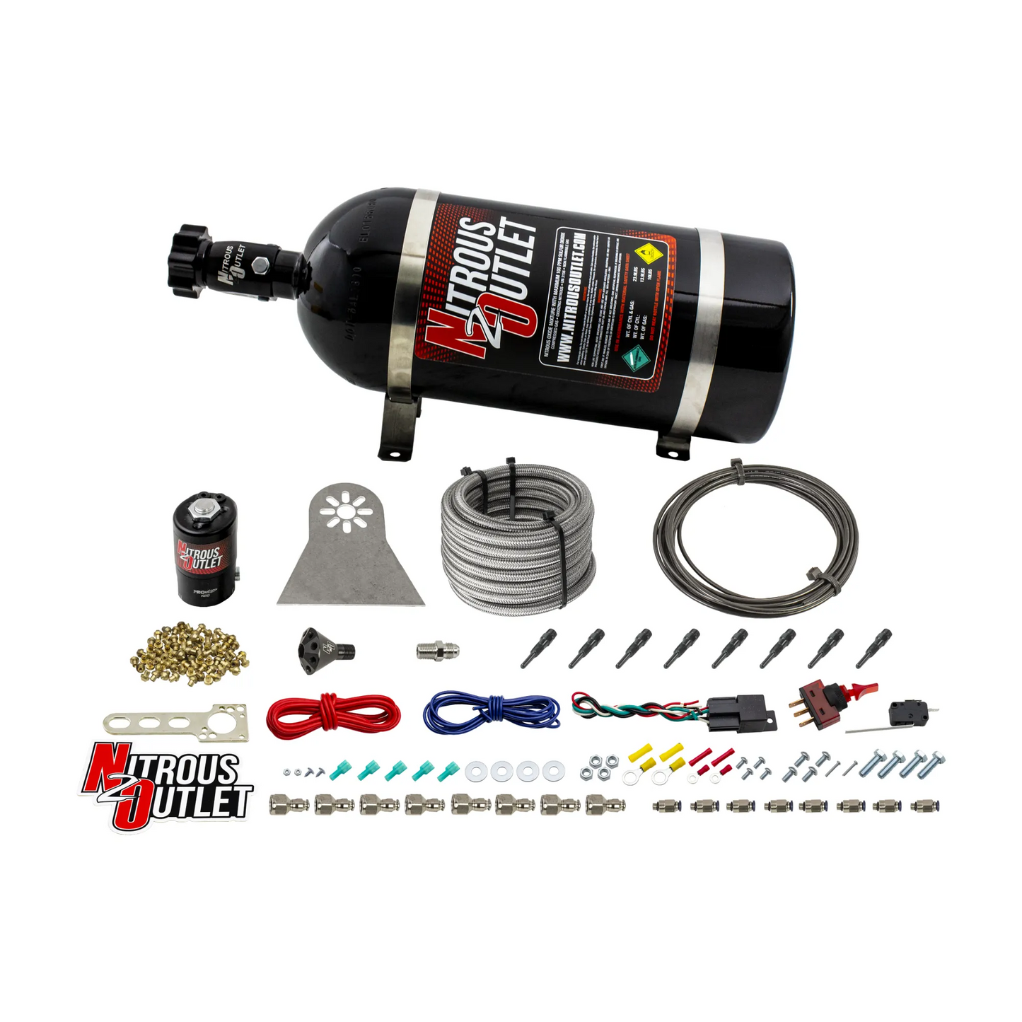 8 Cylinder Nylon Hose Direct Port Dry Nitrous System - Showerhead Distribution Blocks - .122 Nitrous - 90° Aluminum Nozzles