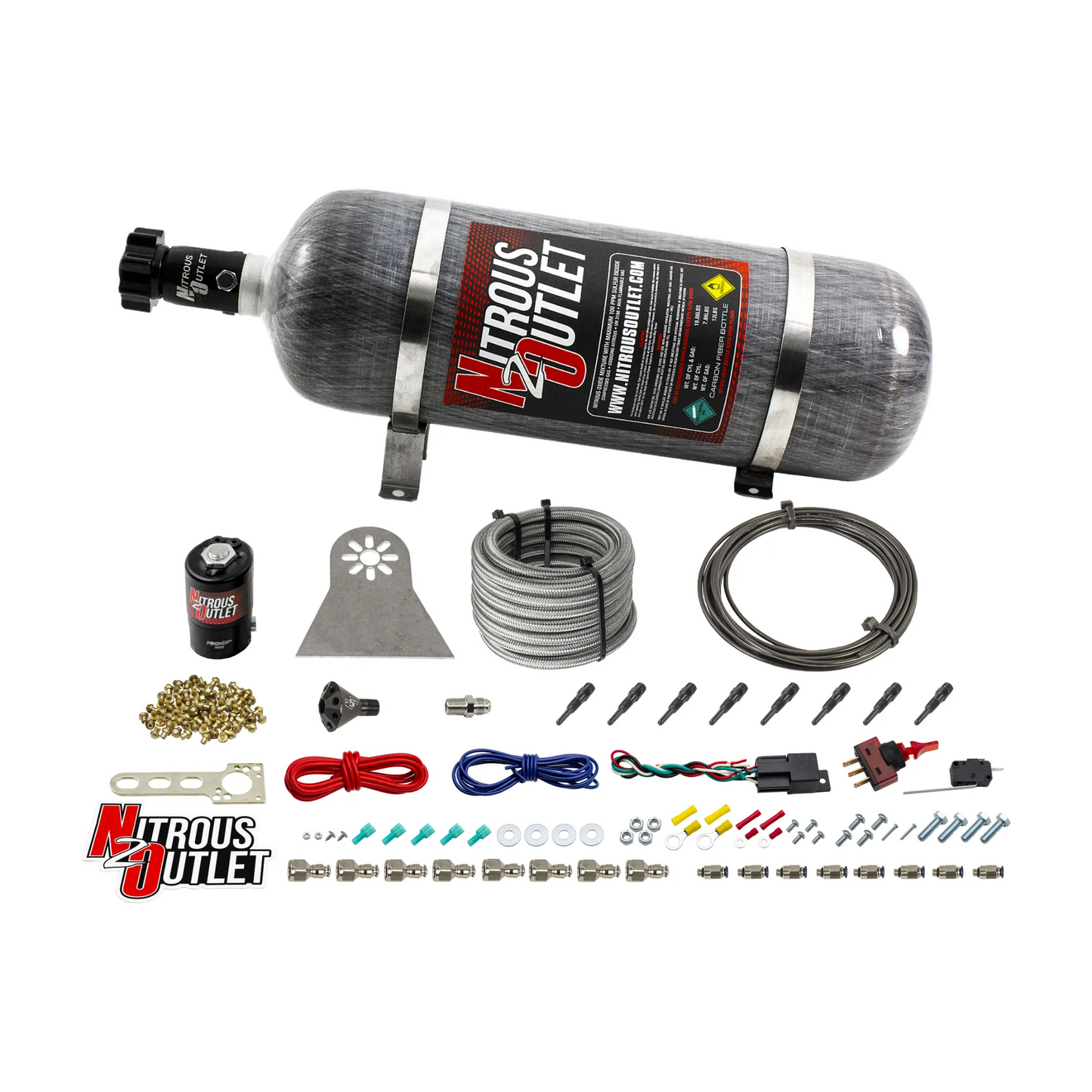 8 Cylinder Nylon Hose Direct Port Dry Nitrous System - Showerhead Distribution Blocks - .122 Nitrous - 90° Aluminum Nozzles