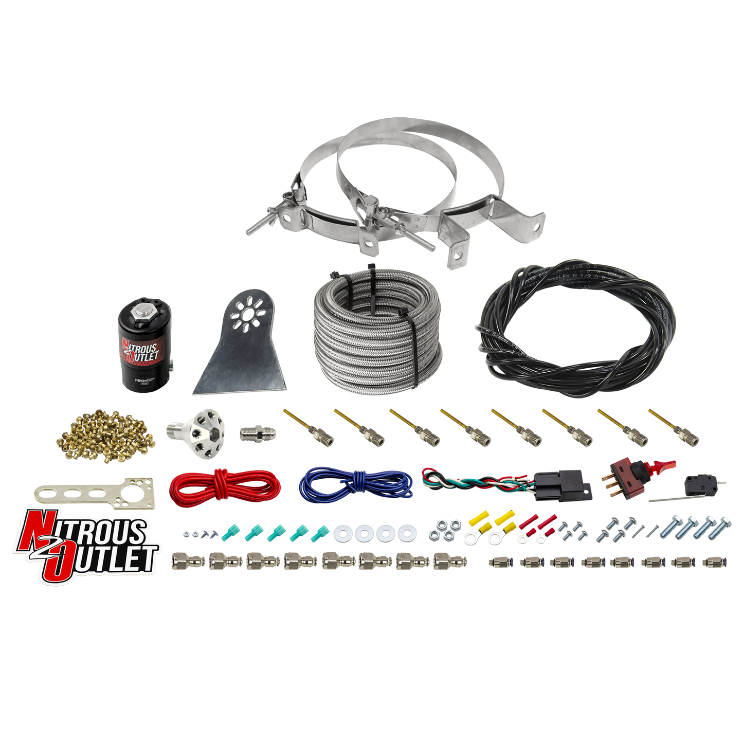 8 Cylinder Nylon Hose Direct Port Dry Nitrous System - Showerhead Distribution Blocks - .122 Nitrous - Plate Fittings
