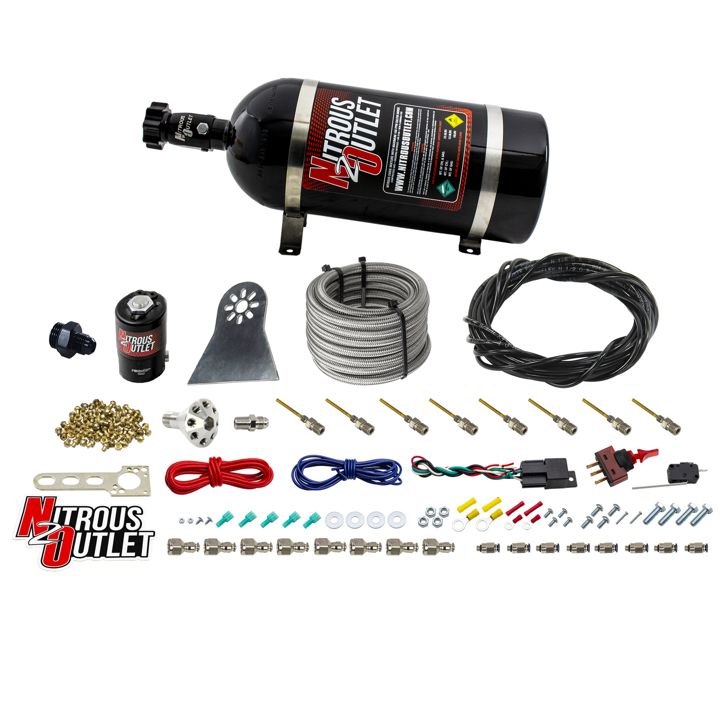 8 Cylinder Nylon Hose Direct Port Dry Nitrous System - Showerhead Distribution Blocks - .122 Nitrous - Plate Fittings
