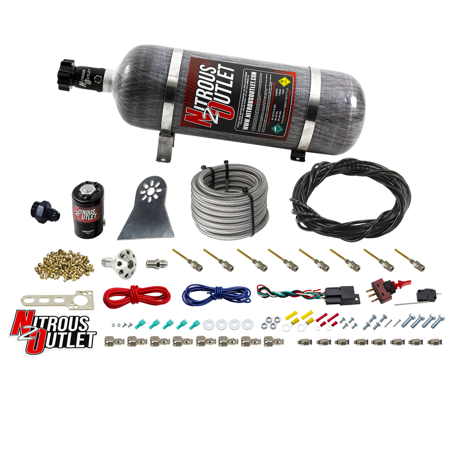 8 Cylinder Nylon Hose Direct Port Dry Nitrous System - Showerhead Distribution Blocks - .122 Nitrous - Plate Fittings