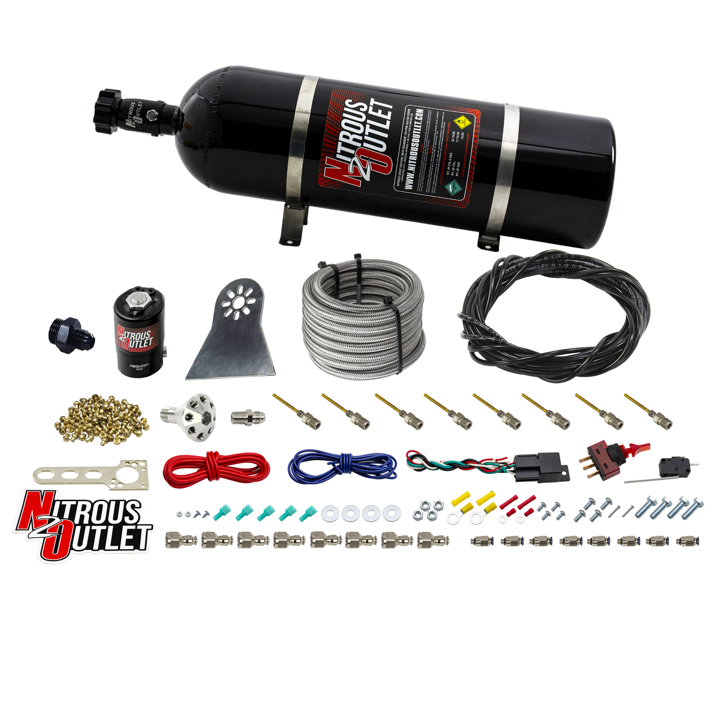 8 Cylinder Nylon Hose Direct Port Dry Nitrous System - Showerhead Distribution Blocks - .122 Nitrous - Plate Fittings