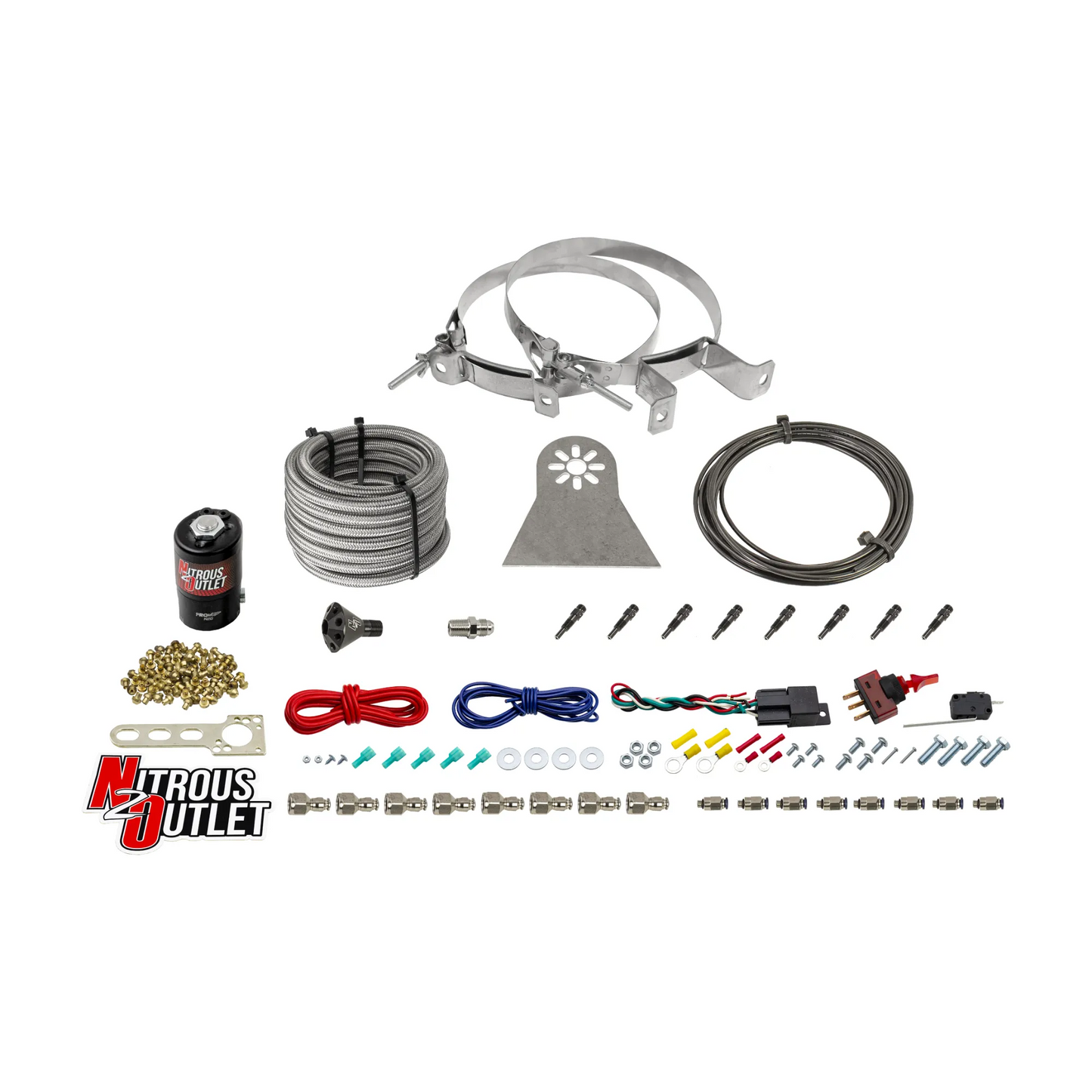 8 Cylinder Nylon Hose Direct Port Dry Nitrous System - Showerhead Distribution Blocks - .122 Nitrous - Straight Blow Through Aluminum Nozzles