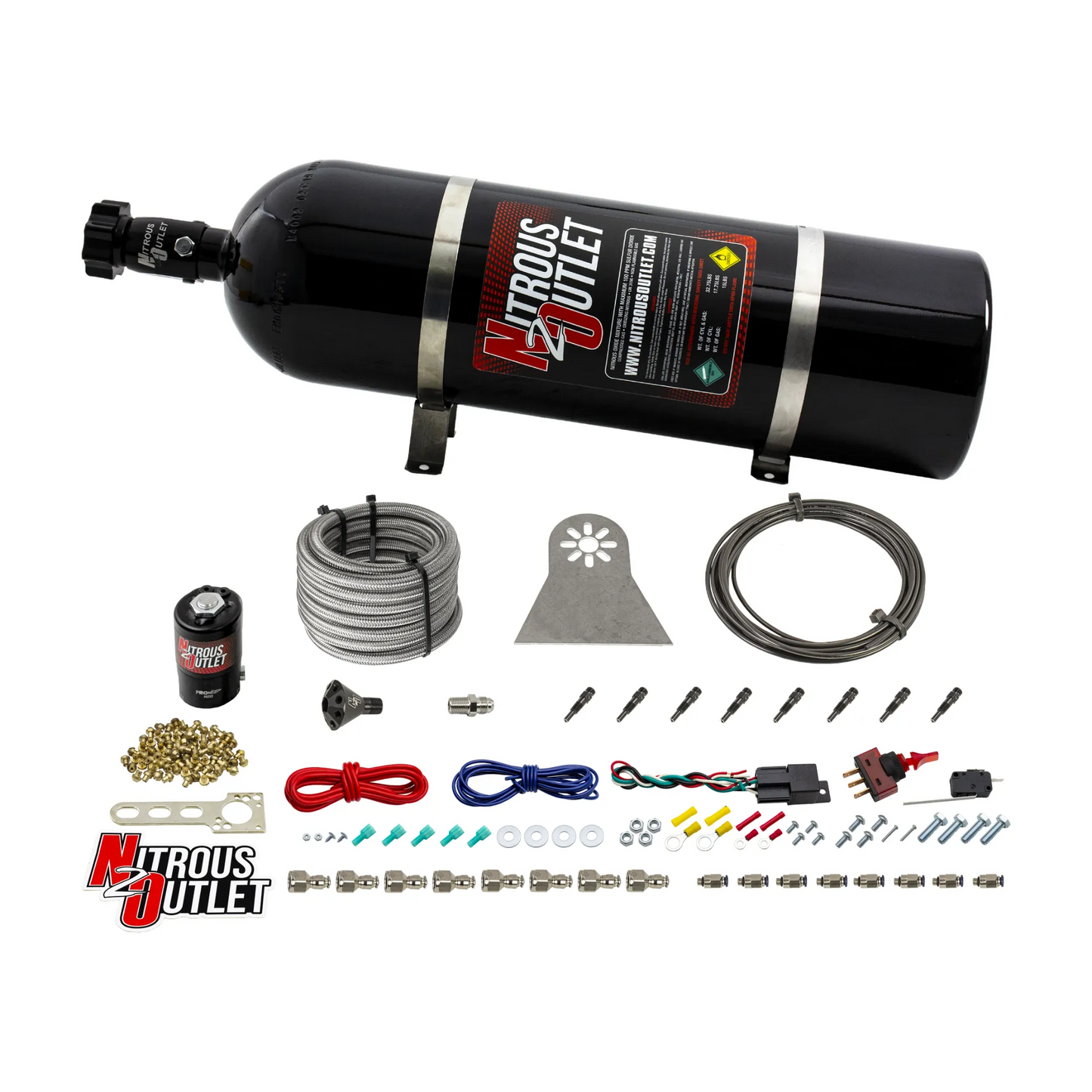 8 Cylinder Nylon Hose Direct Port Dry Nitrous System - Showerhead Distribution Blocks - .122 Nitrous - Straight Blow Through Aluminum Nozzles