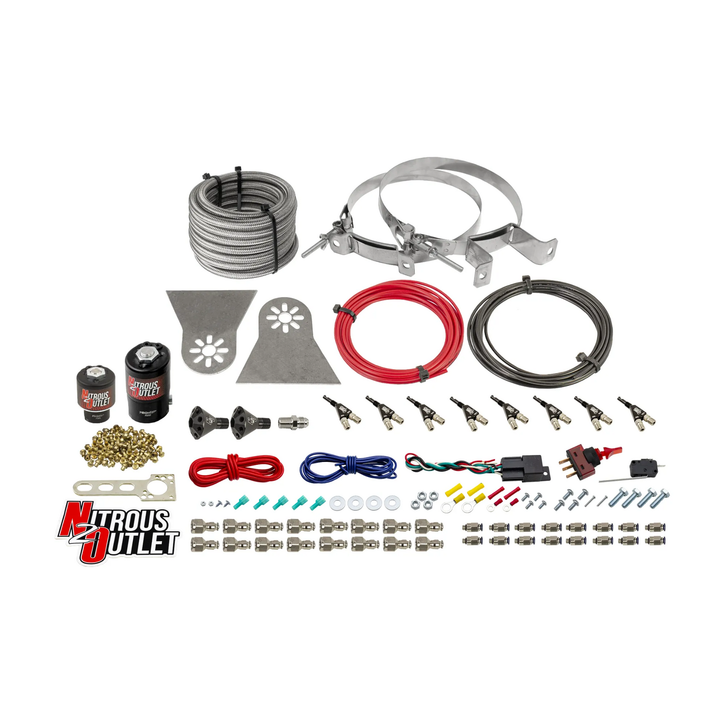 8 Cylinder Nylon Hose Direct Port Wet Nitrous System - Showerhead Distribution Blocks - .112 Nitrous/.177 Fuel - 90° Aluminum Nozzles