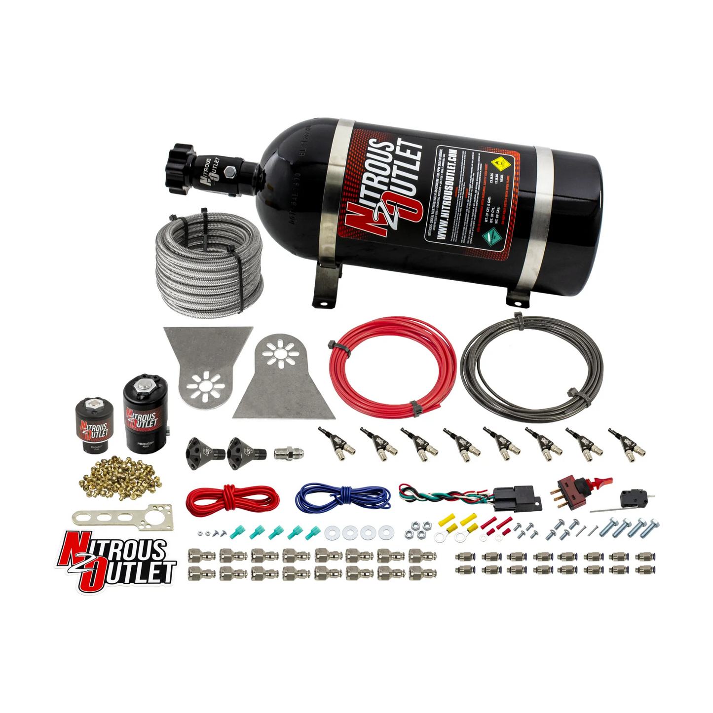 8 Cylinder Nylon Hose Direct Port Wet Nitrous System - Showerhead Distribution Blocks - .112 Nitrous/.177 Fuel - 90° Aluminum Nozzles