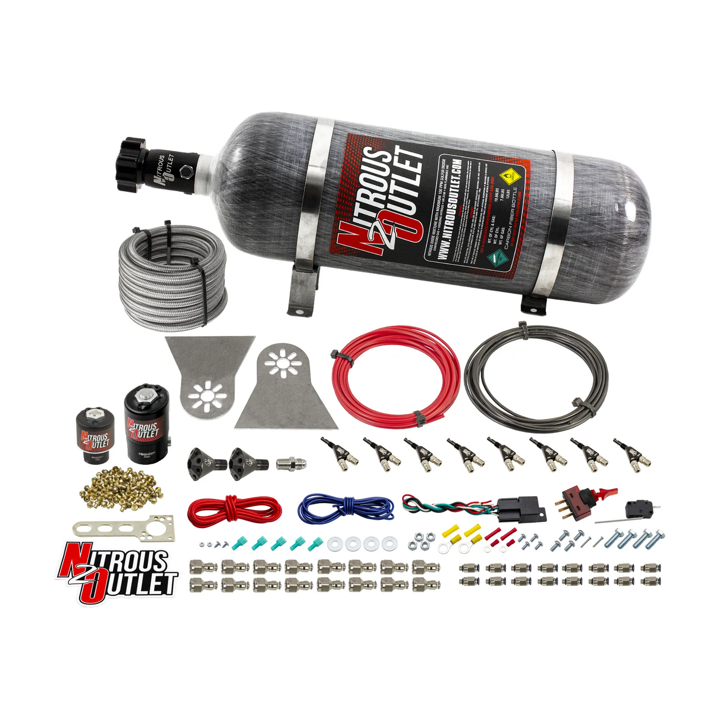 8 Cylinder Nylon Hose Direct Port Wet Nitrous System - Showerhead Distribution Blocks - .112 Nitrous/.177 Fuel - 90° Aluminum Nozzles
