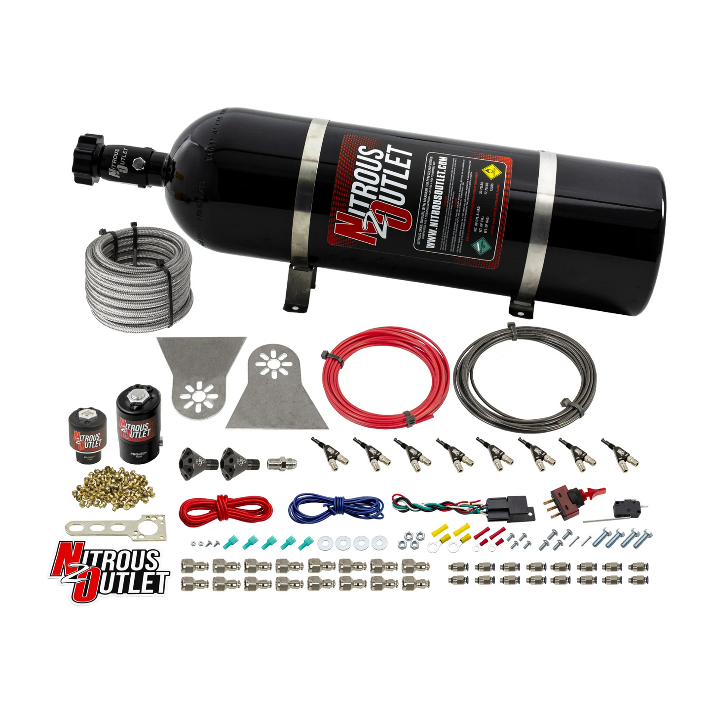 8 Cylinder Nylon Hose Direct Port Wet Nitrous System - Showerhead Distribution Blocks - .112 Nitrous/.177 Fuel - 90° Aluminum Nozzles