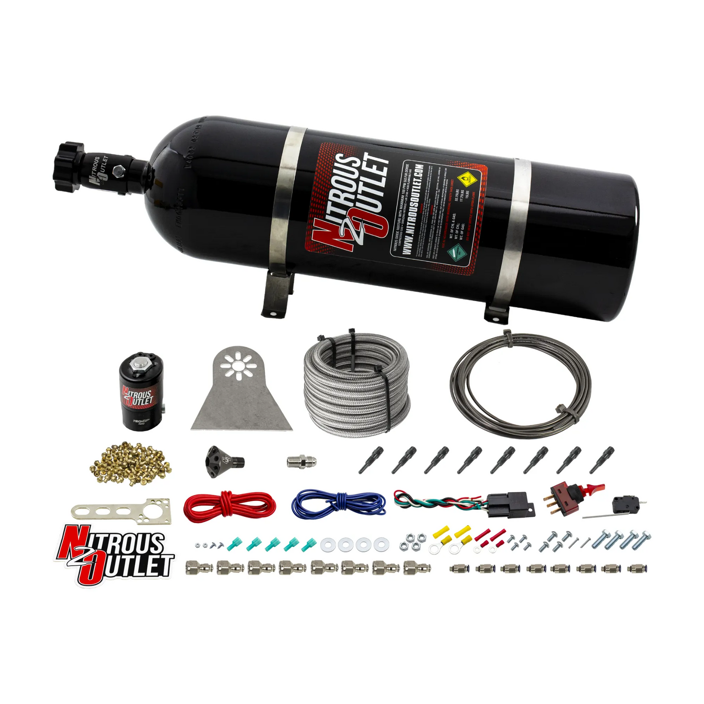 8 Cylinder Nylon Hose Direct Port Dry Nitrous System - Showerhead Distribution Blocks - .112" Nitrous - 90° Aluminum Nozzles