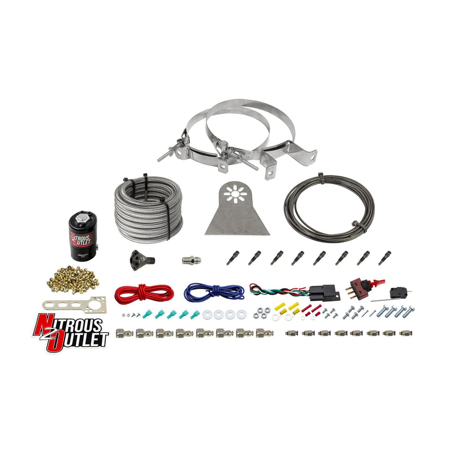 8 Cylinder Nylon Hose Direct Port Dry Nitrous System - Showerhead Distribution Blocks - .112" Nitrous - Straight Blow Through Aluminum Nozzles
