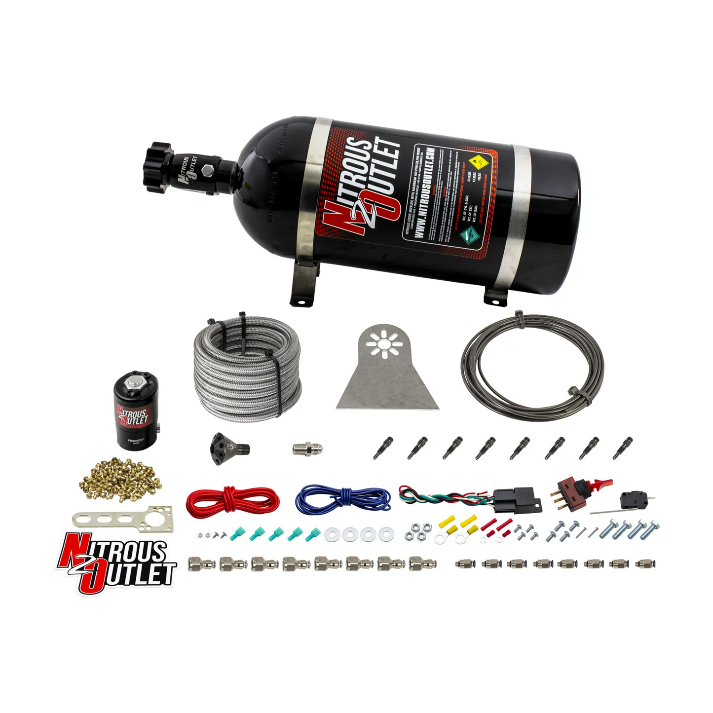 8 Cylinder Nylon Hose Direct Port Dry Nitrous System - Showerhead Distribution Blocks - .112" Nitrous - Straight Blow Through Aluminum Nozzles