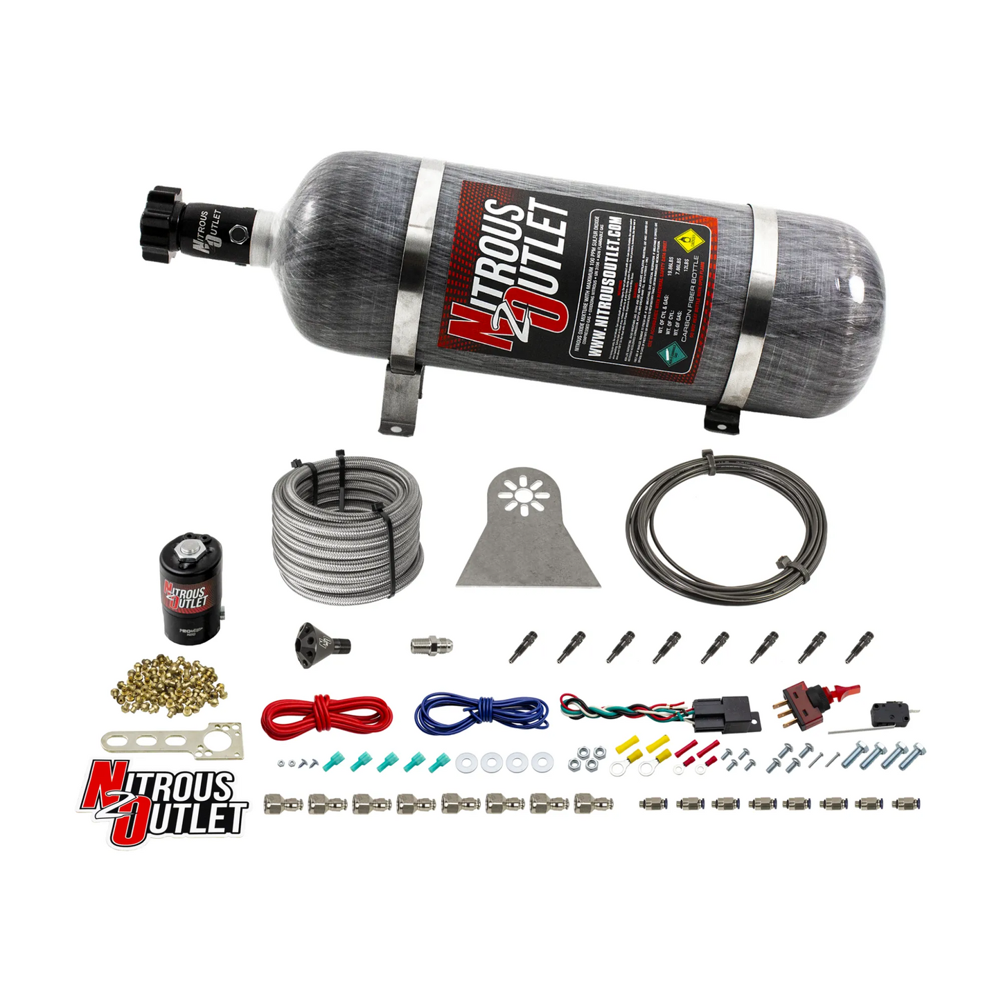 8 Cylinder Nylon Hose Direct Port Dry Nitrous System - Showerhead Distribution Blocks - .112" Nitrous - Straight Blow Through Aluminum Nozzles