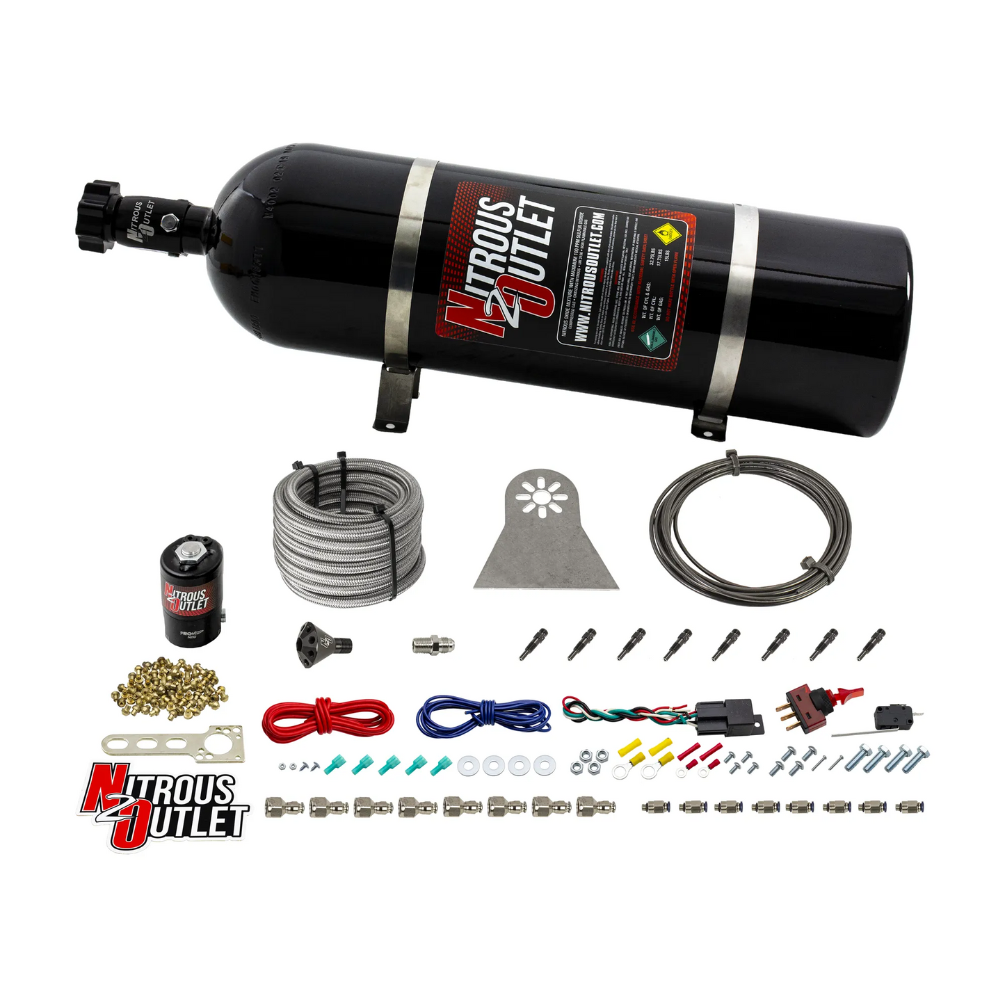 8 Cylinder Nylon Hose Direct Port Dry Nitrous System - Showerhead Distribution Blocks - .112" Nitrous - Straight Blow Through Aluminum Nozzles