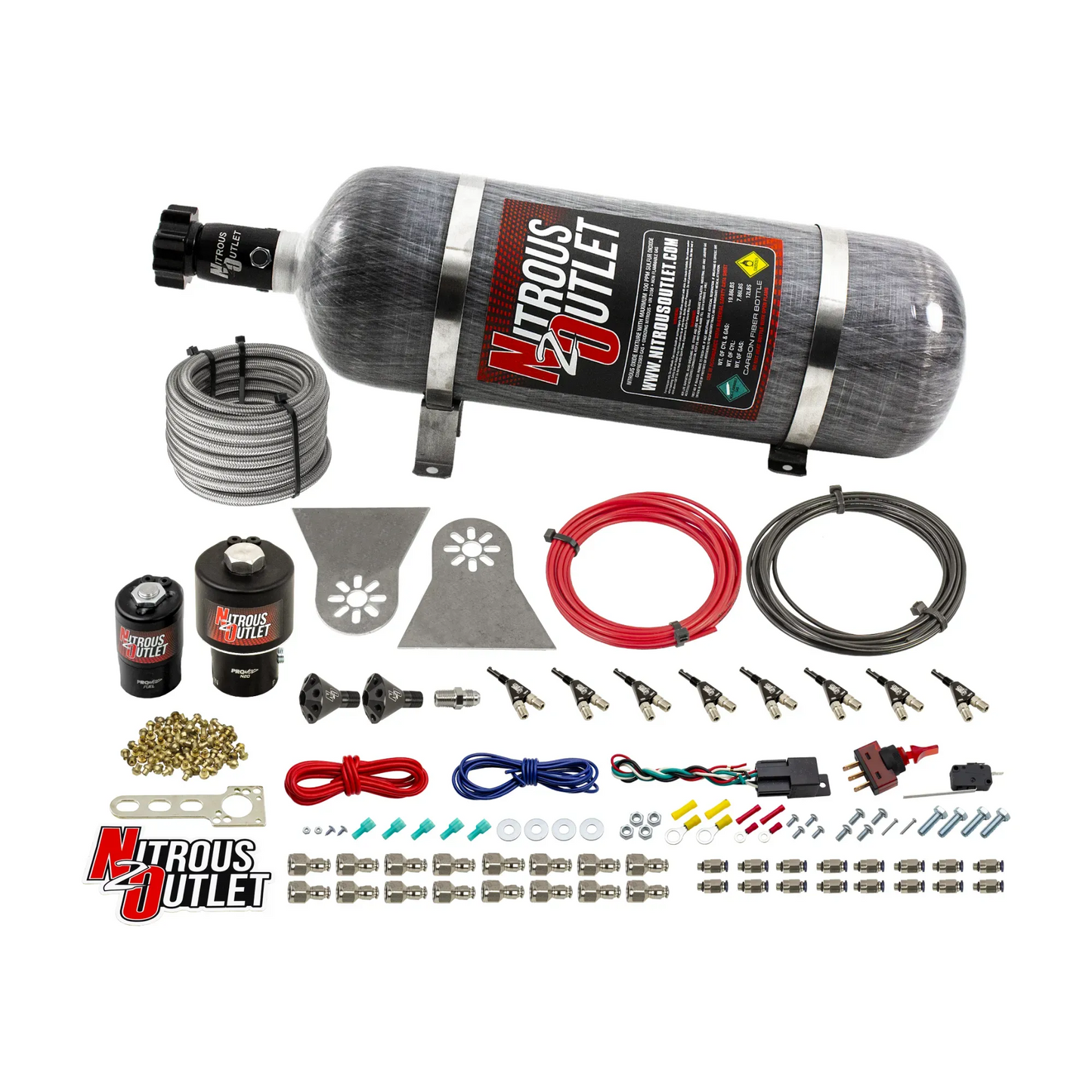 8 Cylinder Nylon Hose Direct Port Wet Nitrous System - Showerhead Distribution Blocks - .178" Nitrous/.310" Fuel - 90° Aluminum Nozzles