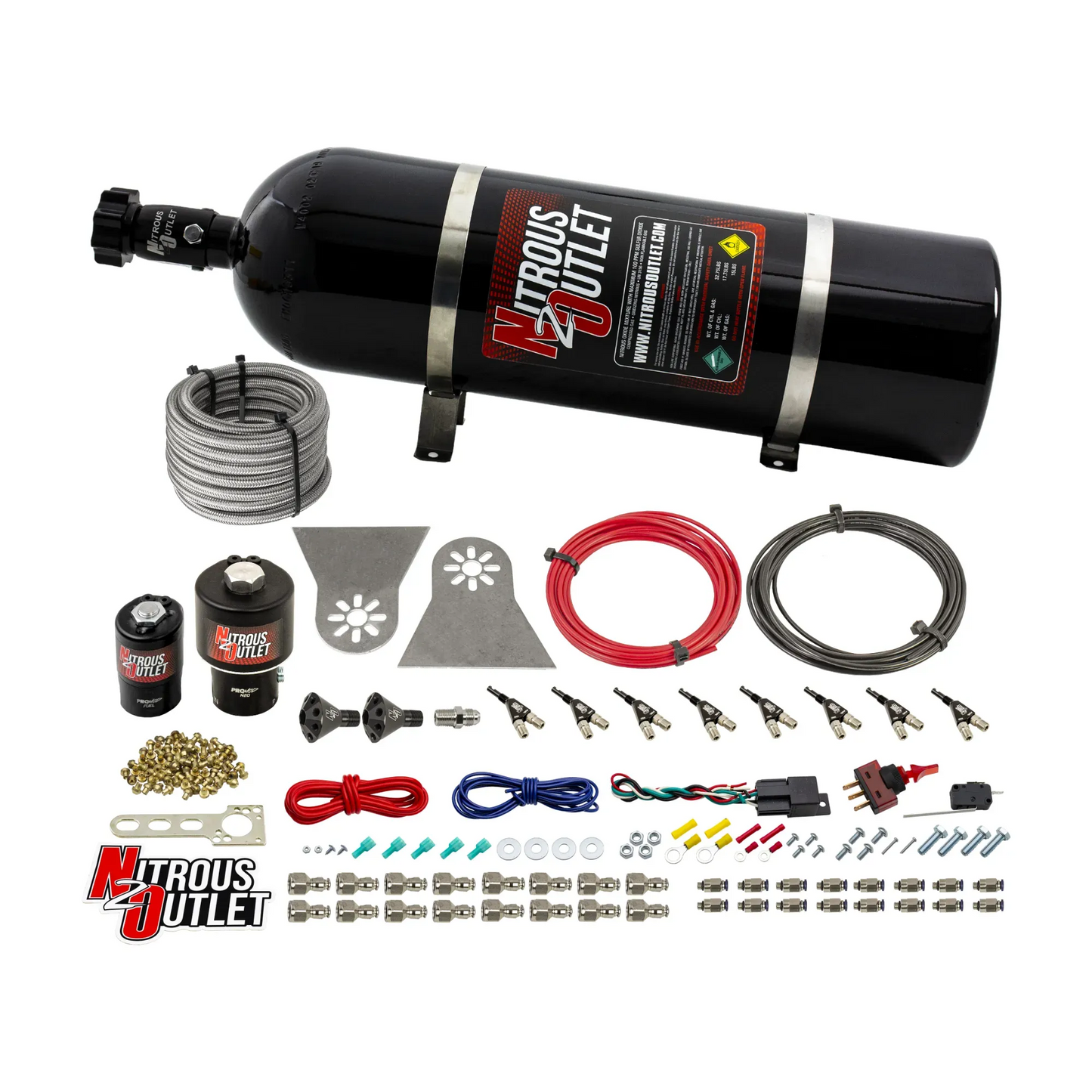 8 Cylinder Nylon Hose Direct Port Wet Nitrous System - Showerhead Distribution Blocks - .178" Nitrous/.310" Fuel - 90° Aluminum Nozzles