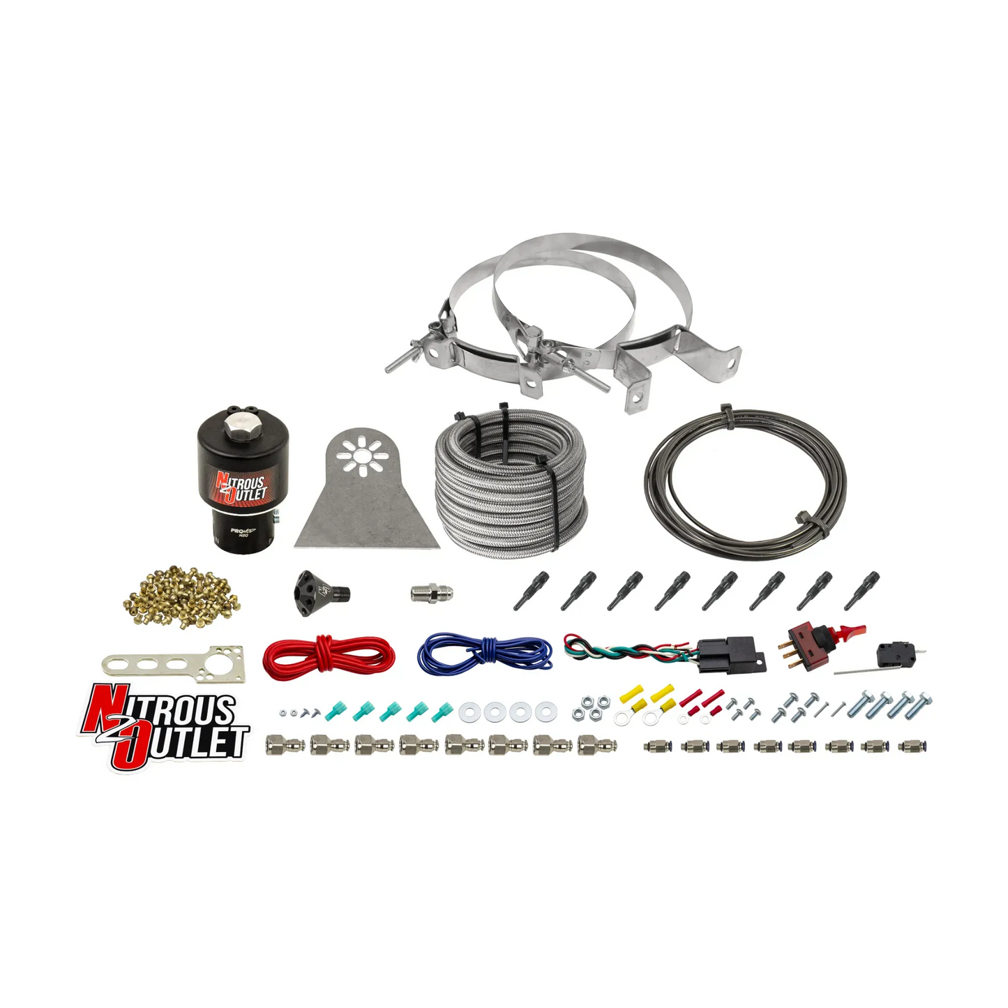 8 Cylinder Nylon Hose Direct Port Dry Nitrous System - Showerhead Distribution Blocks - .178" Nitrous - 90° Aluminum Nozzles