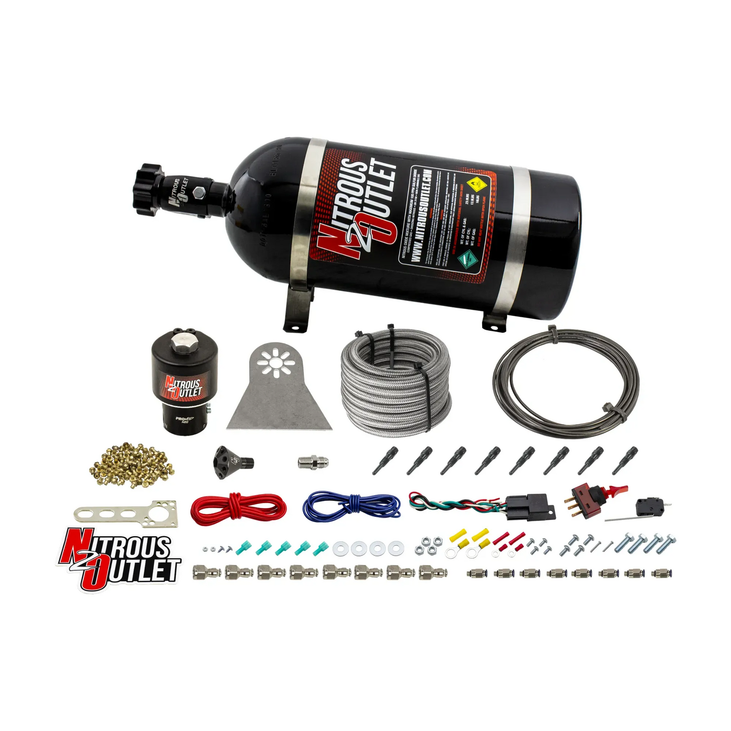 8 Cylinder Nylon Hose Direct Port Dry Nitrous System - Showerhead Distribution Blocks - .178" Nitrous - 90° Aluminum Nozzles