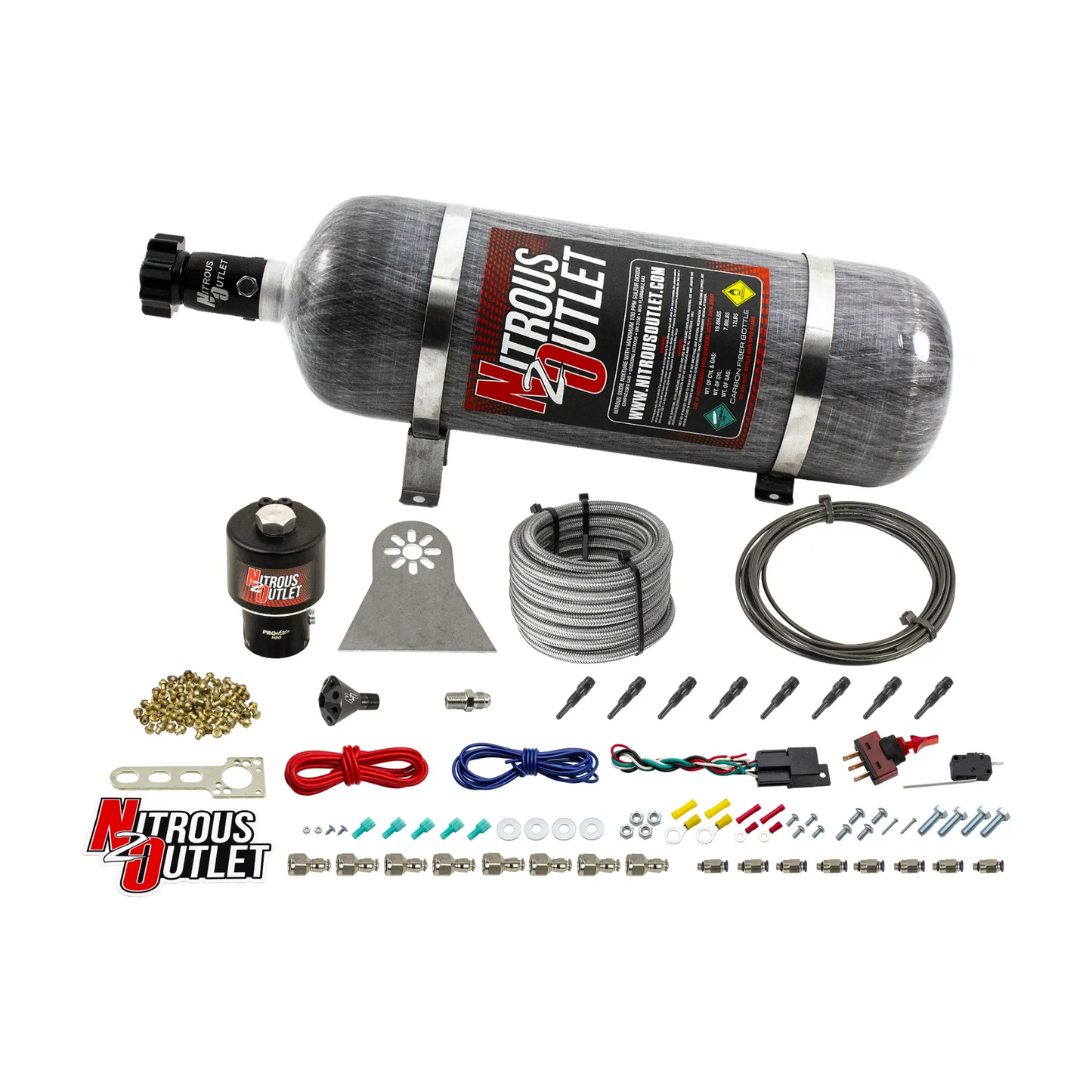 8 Cylinder Nylon Hose Direct Port Dry Nitrous System - Showerhead Distribution Blocks - .178" Nitrous - 90° Aluminum Nozzles