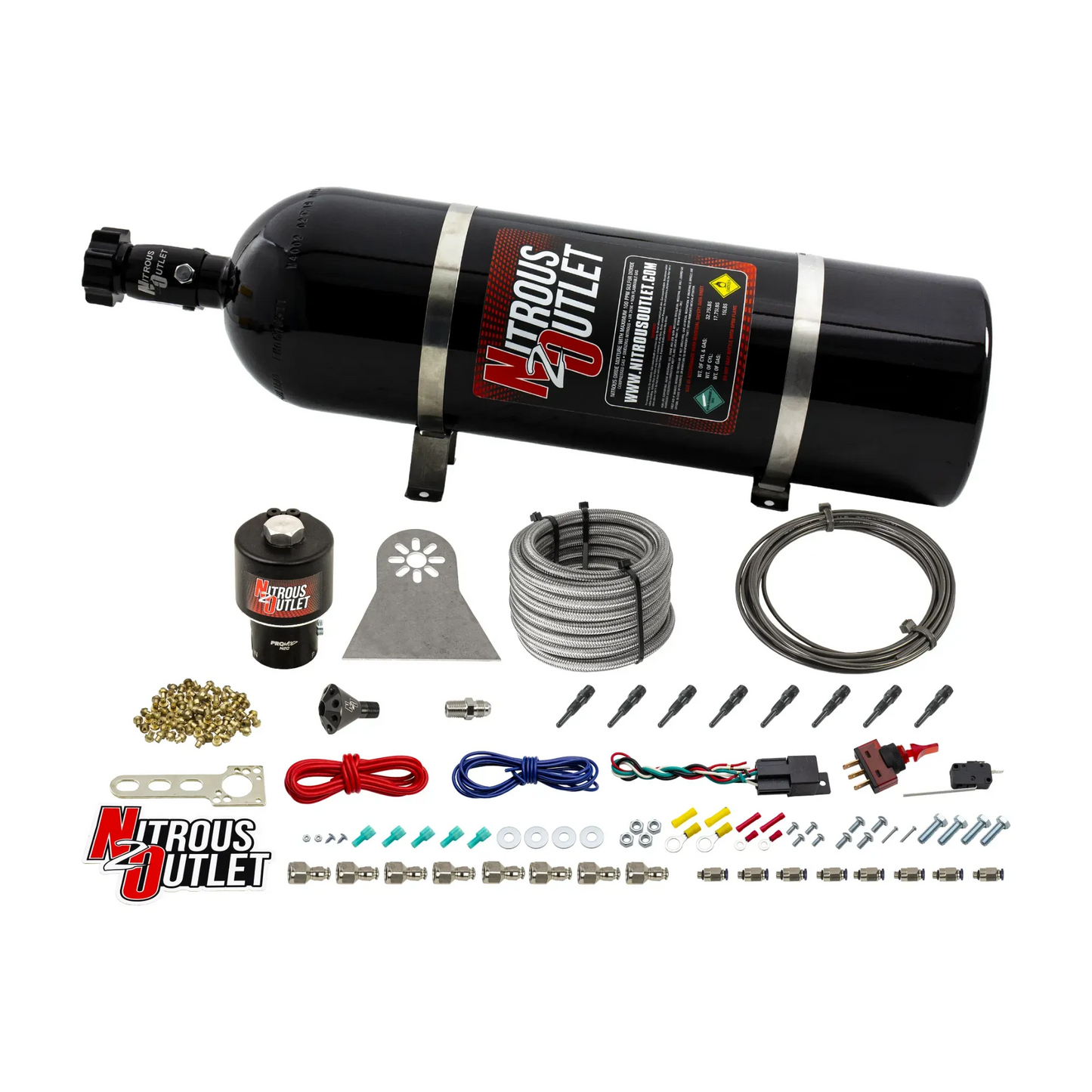 8 Cylinder Nylon Hose Direct Port Dry Nitrous System - Showerhead Distribution Blocks - .178" Nitrous - 90° Aluminum Nozzles
