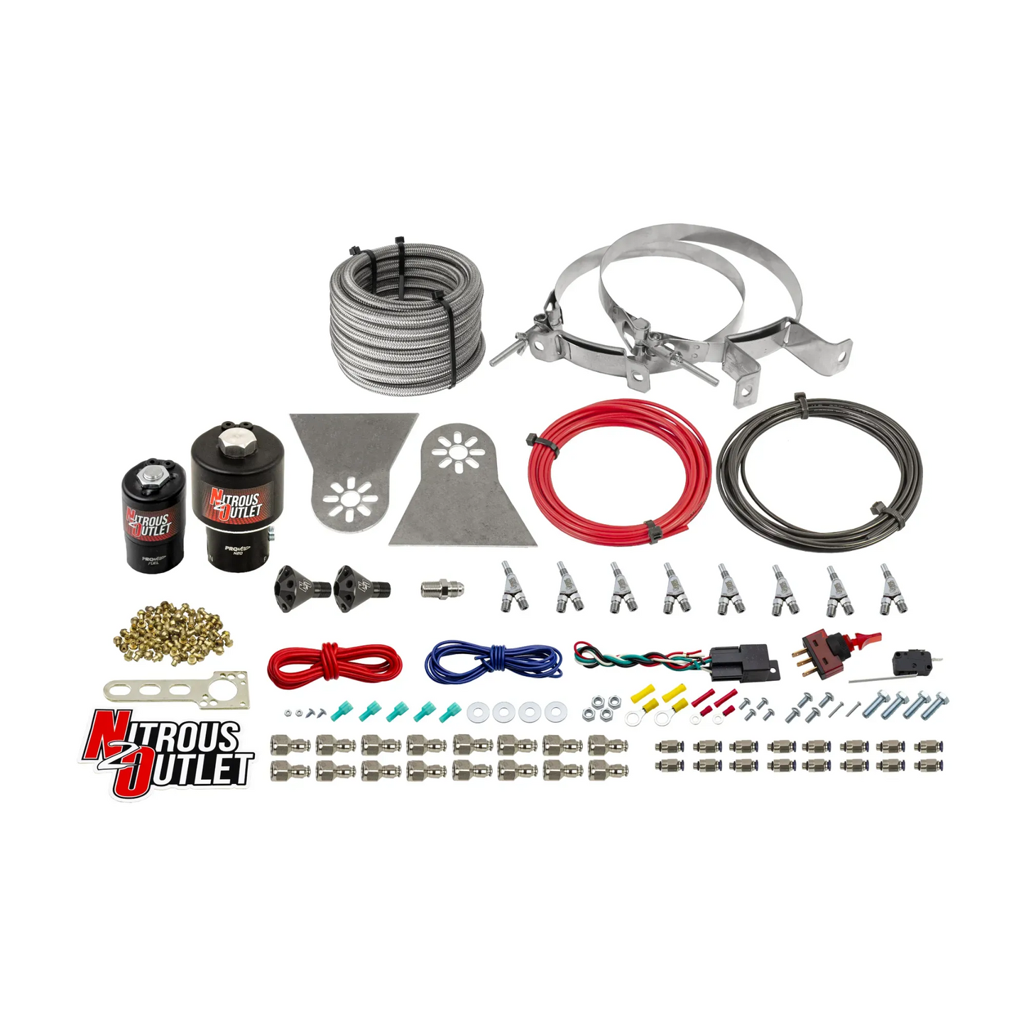 8 Cylinder Nylon Hose Direct Port Wet Nitrous System - Showerhead Distribution Blocks - .178" Nitrous/.310" Fuel - Straight Blow Through Aluminum Nozzles