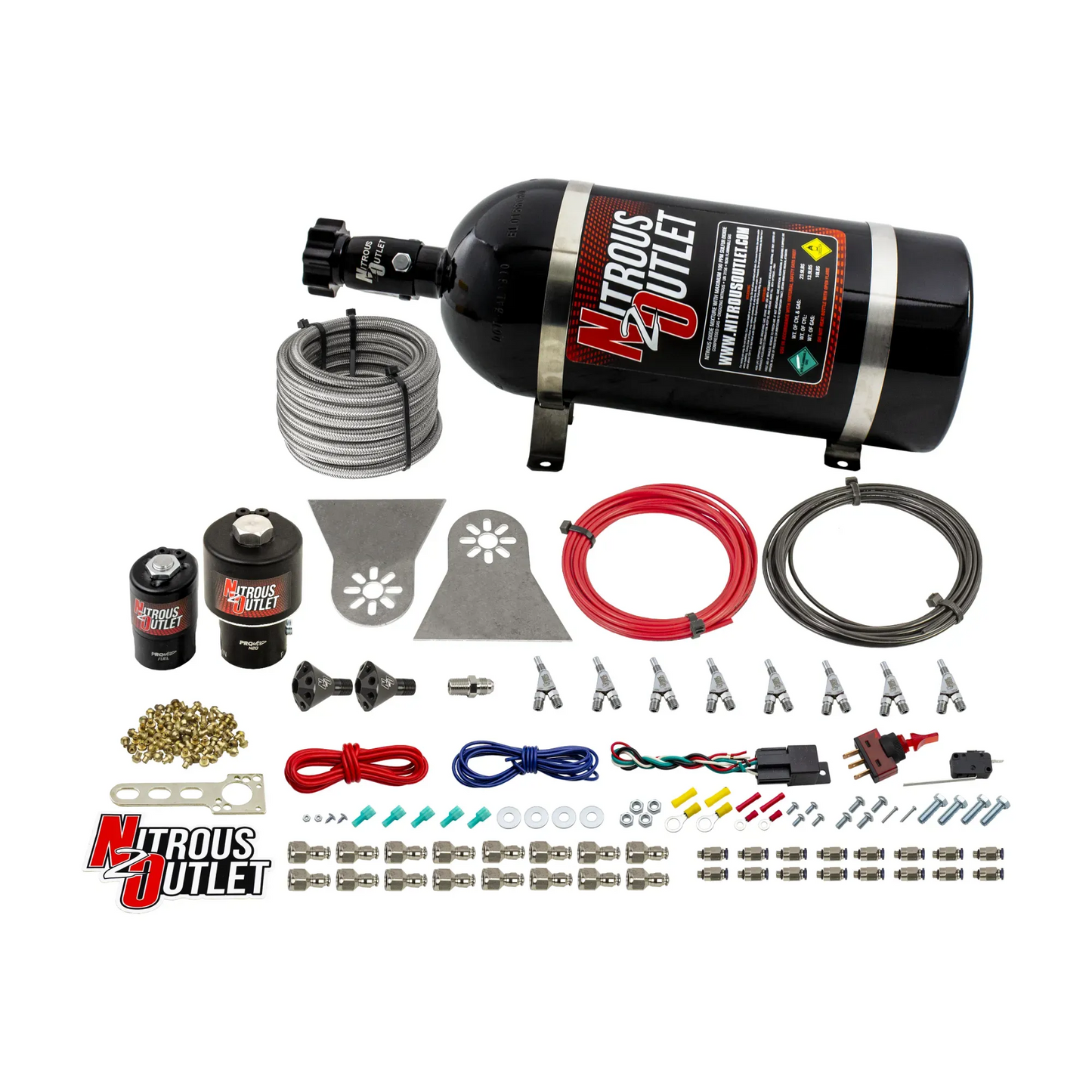 8 Cylinder Nylon Hose Direct Port Wet Nitrous System - Showerhead Distribution Blocks - .178" Nitrous/.310" Fuel - Straight Blow Through Aluminum Nozzles