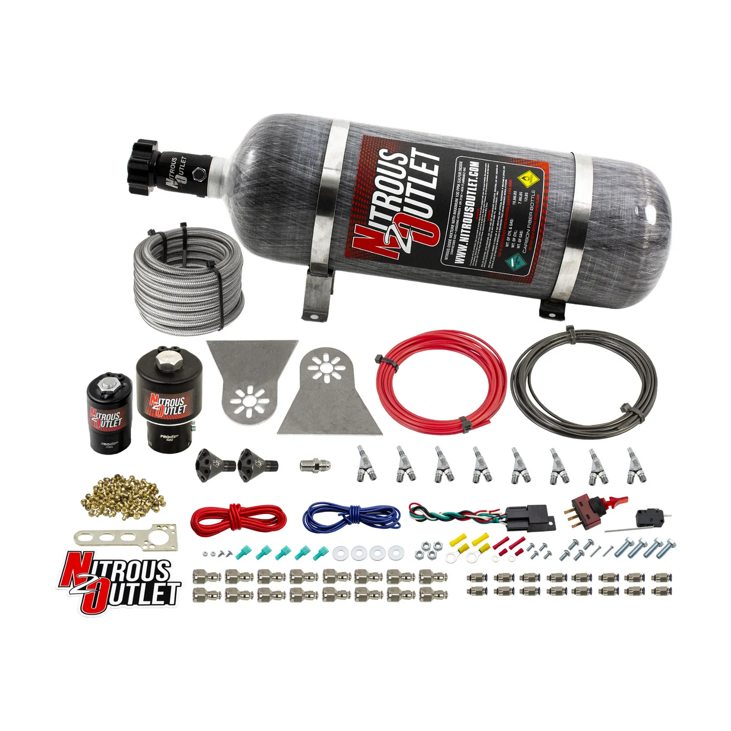 8 Cylinder Nylon Hose Direct Port Wet Nitrous System - Showerhead Distribution Blocks - .178" Nitrous/.310" Fuel - Straight Blow Through Aluminum Nozzles