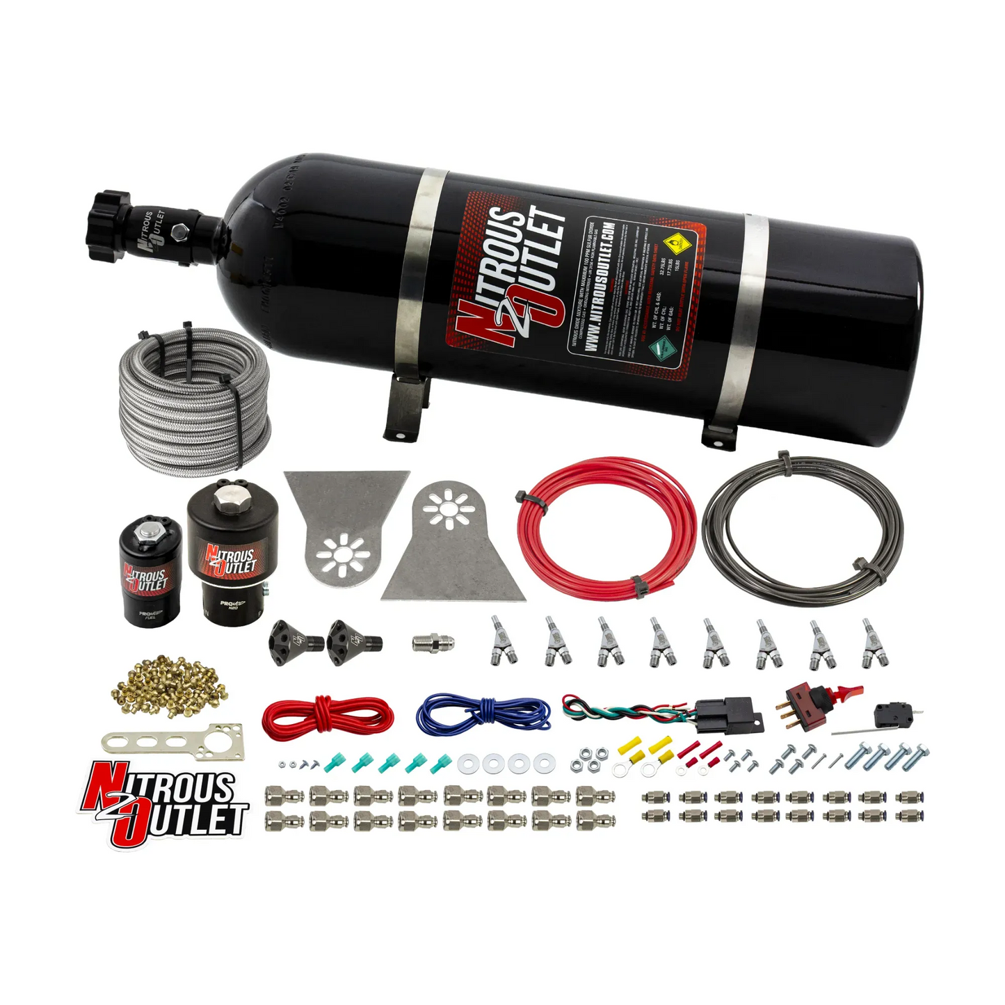 8 Cylinder Nylon Hose Direct Port Wet Nitrous System - Showerhead Distribution Blocks - .178" Nitrous/.310" Fuel - Straight Blow Through Aluminum Nozzles