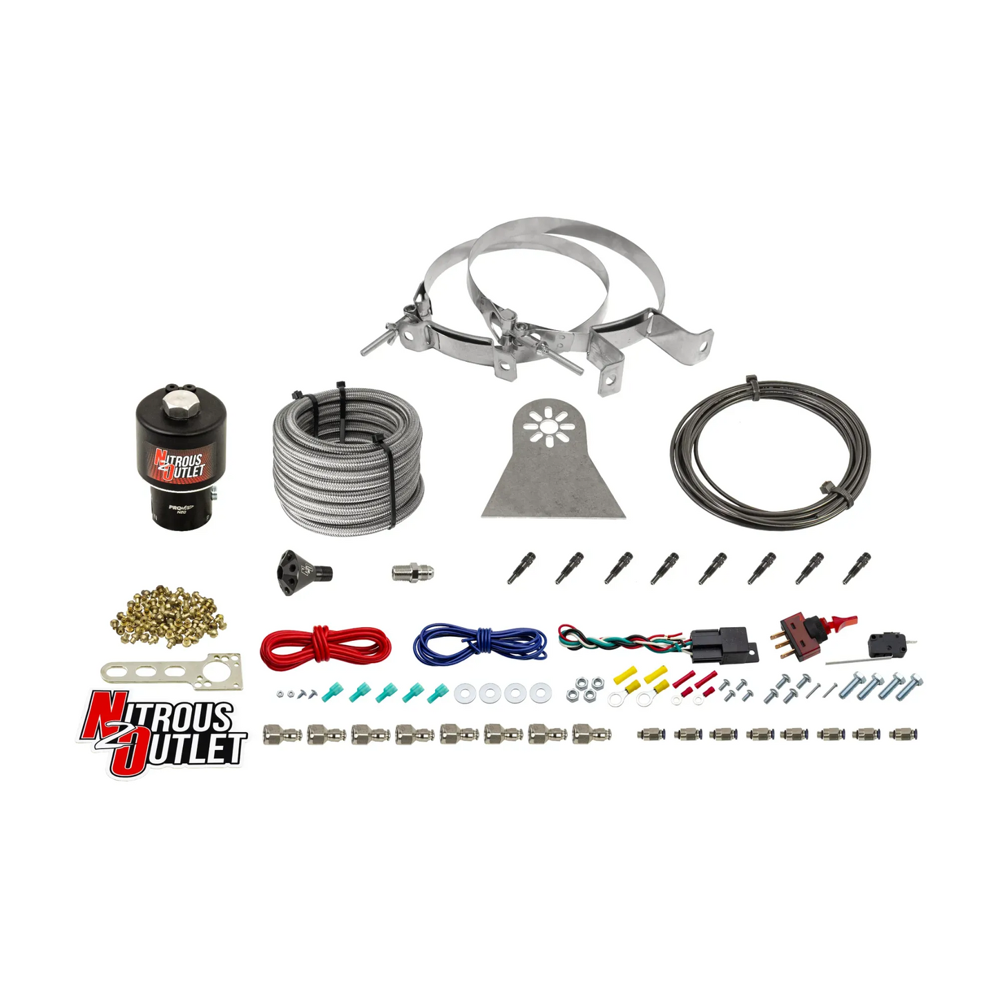 8 Cylinder Nylon Hose Direct Port Dry Nitrous System - Showerhead Distribution Blocks - .178" Nitrous - Straight Blow Through Aluminum Nozzles