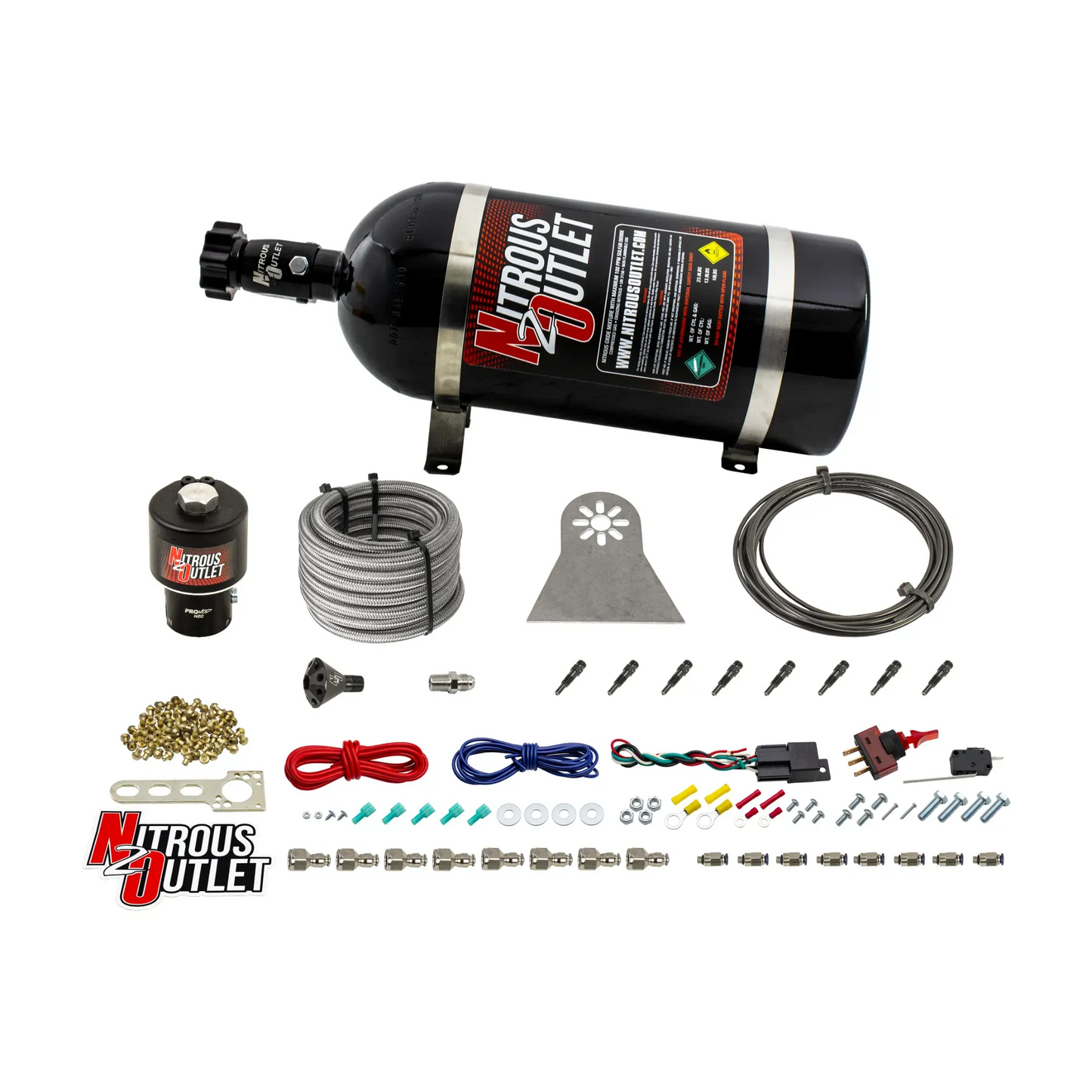 8 Cylinder Nylon Hose Direct Port Dry Nitrous System - Showerhead Distribution Blocks - .178" Nitrous - Straight Blow Through Aluminum Nozzles