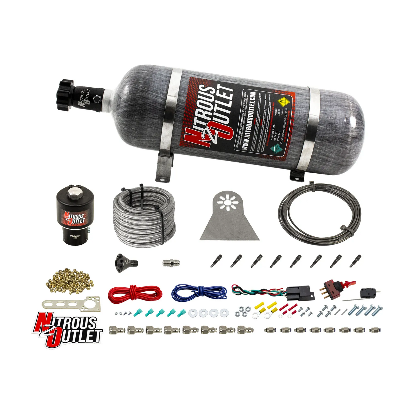 8 Cylinder Nylon Hose Direct Port Dry Nitrous System - Showerhead Distribution Blocks - .178" Nitrous - Straight Blow Through Aluminum Nozzles