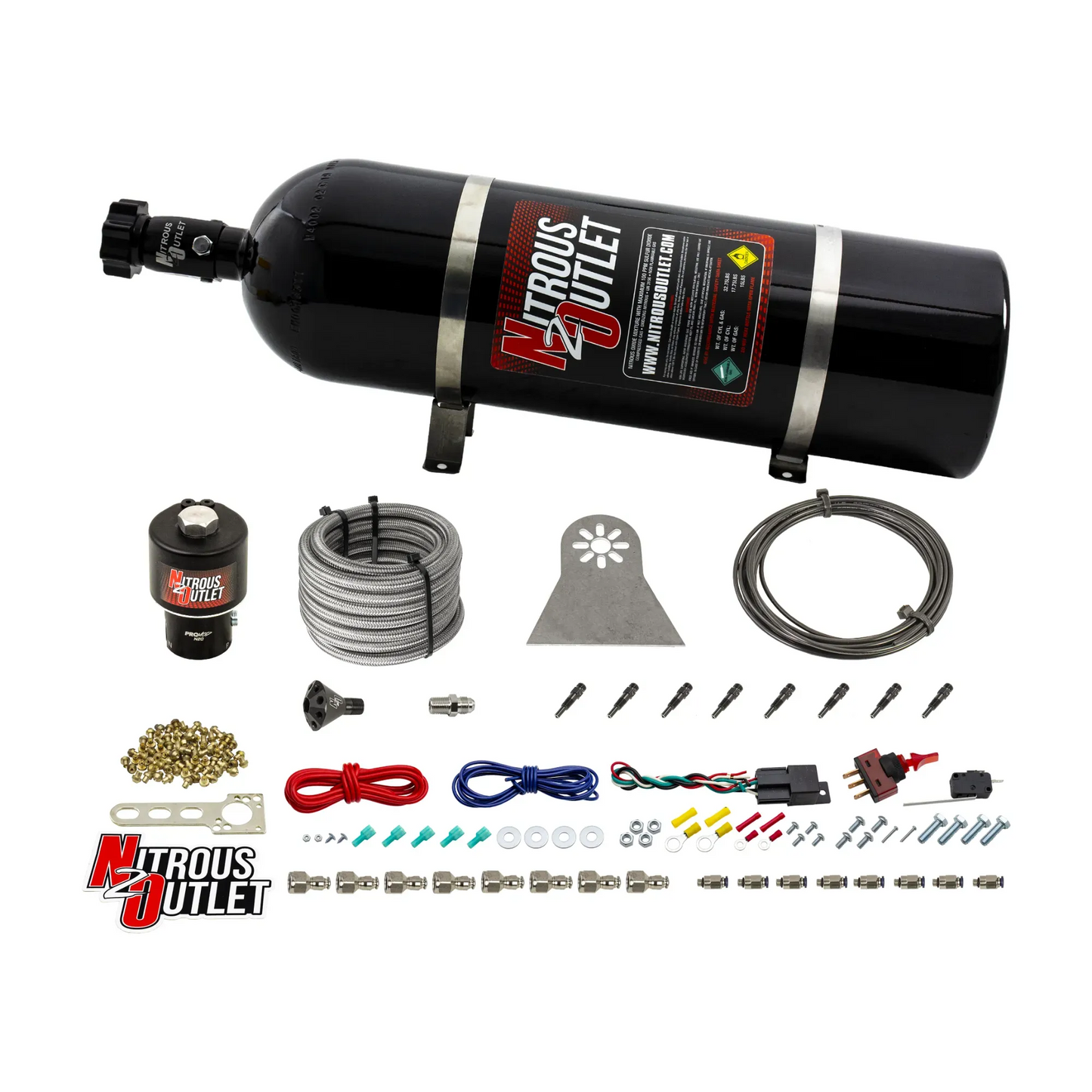8 Cylinder Nylon Hose Direct Port Dry Nitrous System - Showerhead Distribution Blocks - .178" Nitrous - Straight Blow Through Aluminum Nozzles