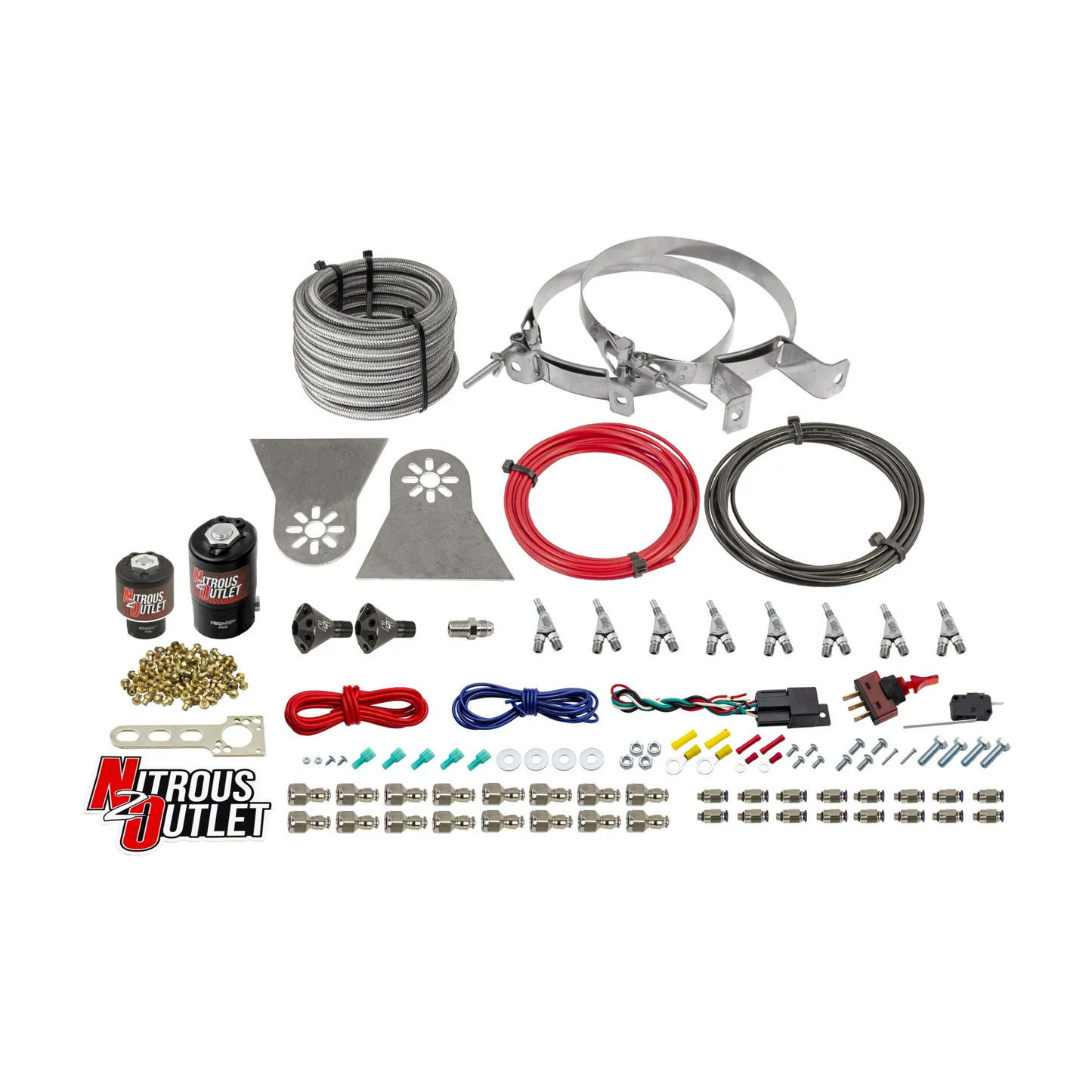8 Cylinder Nylon Hose Direct Port Wet Nitrous System - Showerhead Distribution Blocks - .122" Nitrous/.177" Fuel - 45-55 PSI - Straight Blow Through Aluminum Nozzles
