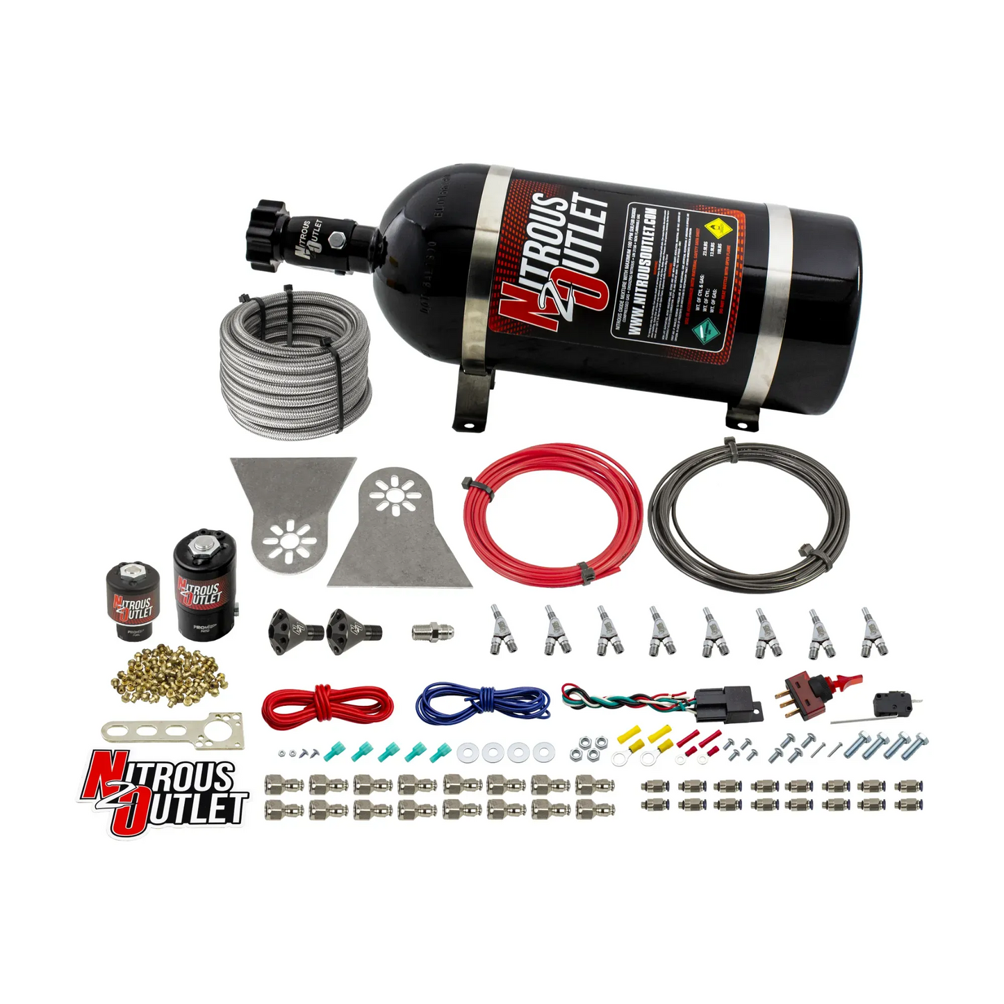 8 Cylinder Nylon Hose Direct Port Wet Nitrous System - Showerhead Distribution Blocks - .122" Nitrous/.177" Fuel - 45-55 PSI - Straight Blow Through Aluminum Nozzles