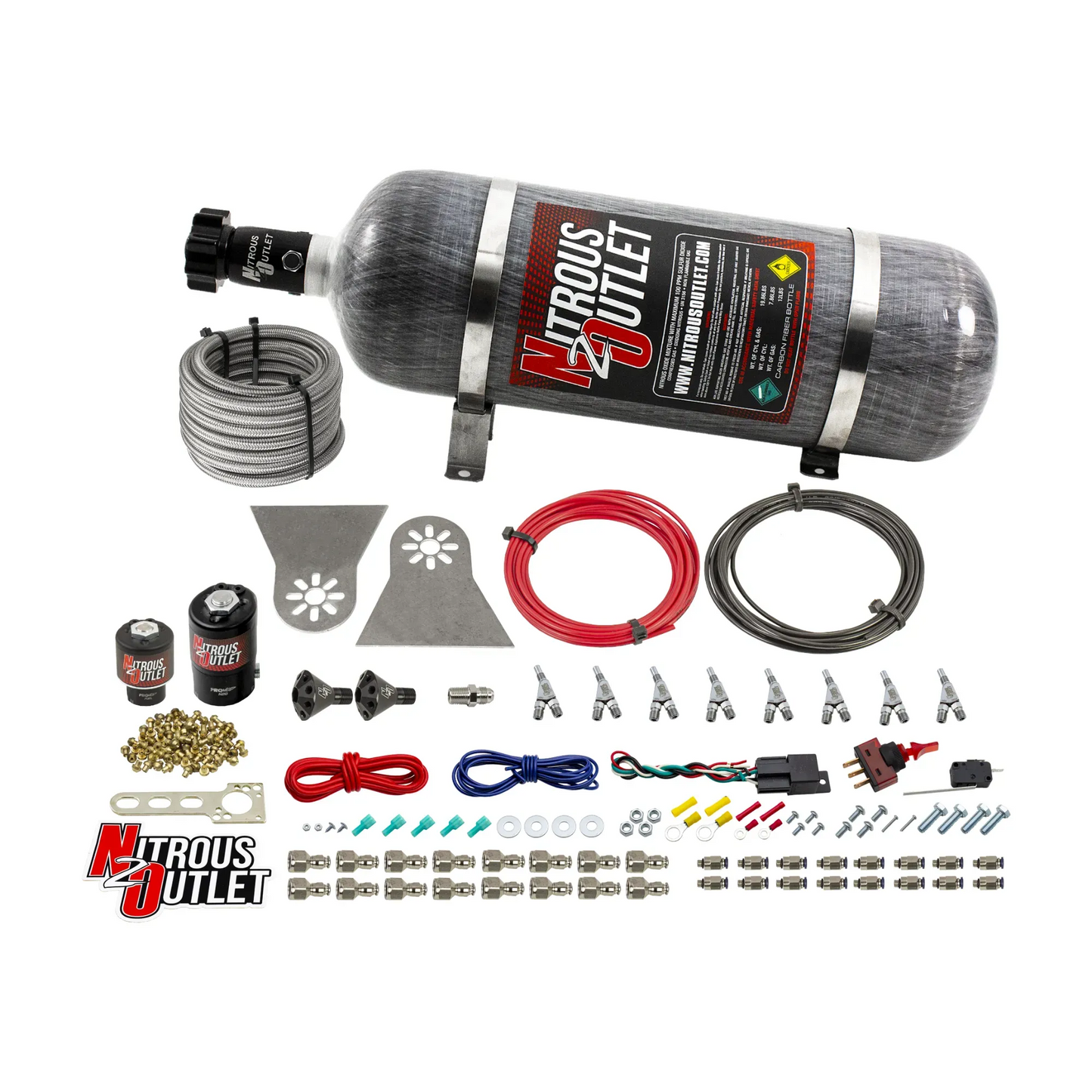 8 Cylinder Nylon Hose Direct Port Wet Nitrous System - Showerhead Distribution Blocks - .122" Nitrous/.177" Fuel - 45-55 PSI - Straight Blow Through Aluminum Nozzles