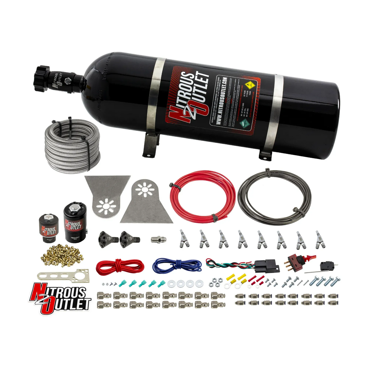 8 Cylinder Nylon Hose Direct Port Wet Nitrous System - Showerhead Distribution Blocks - .122" Nitrous/.177" Fuel - 45-55 PSI - Straight Blow Through Aluminum Nozzles