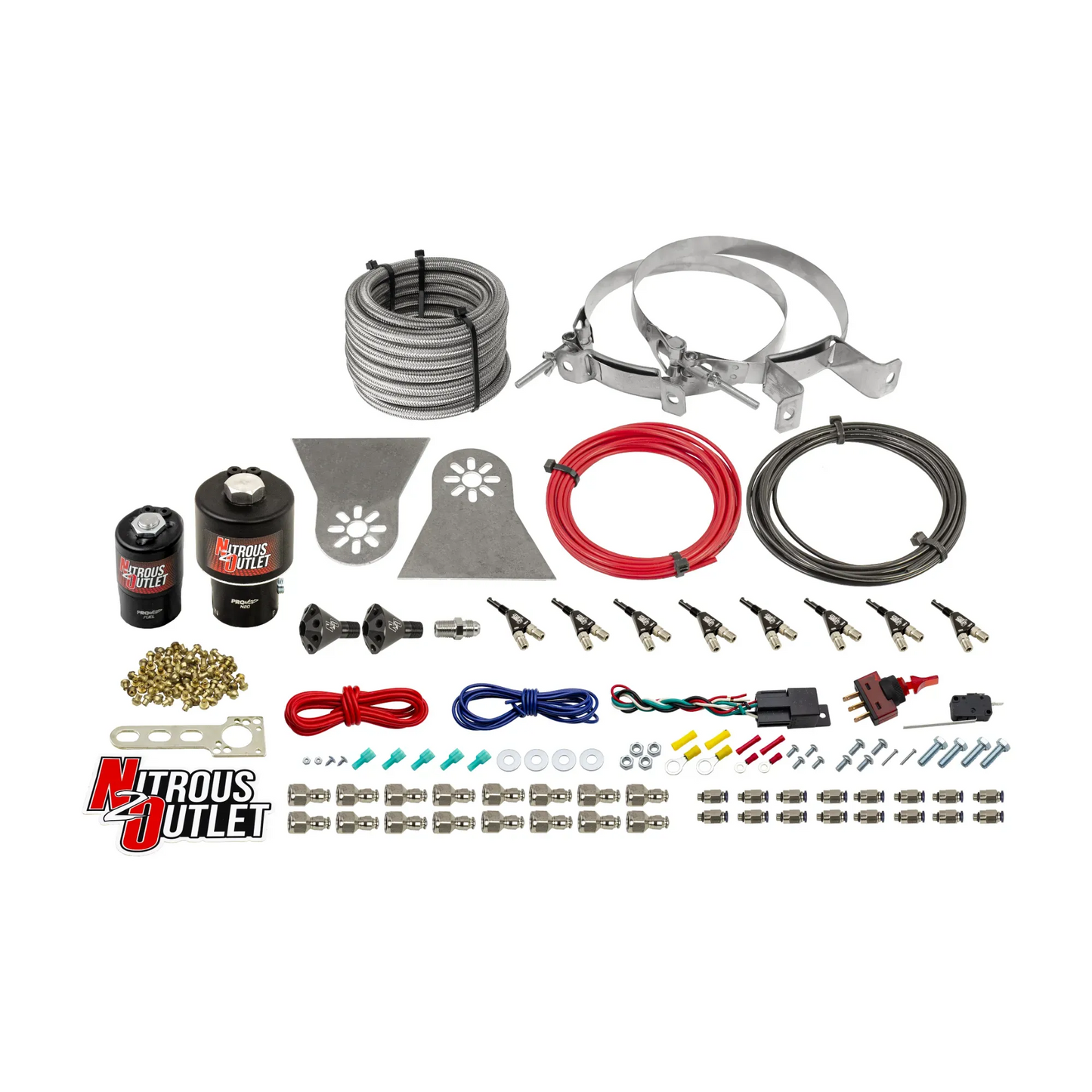 8 Cylinder Nylon Hose Direct Port Wet Nitrous System - Showerhead Distribution Blocks - .178" Nitrous/.310" Fuel - 45-55 PSI - 90° Aluminum Nozzles