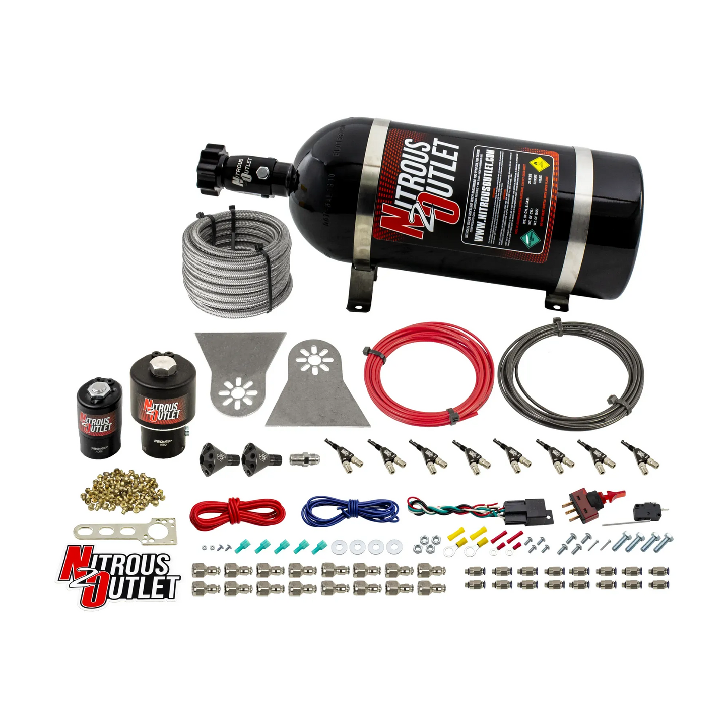 8 Cylinder Nylon Hose Direct Port Wet Nitrous System - Showerhead Distribution Blocks - .178" Nitrous/.310" Fuel - 45-55 PSI - 90° Aluminum Nozzles