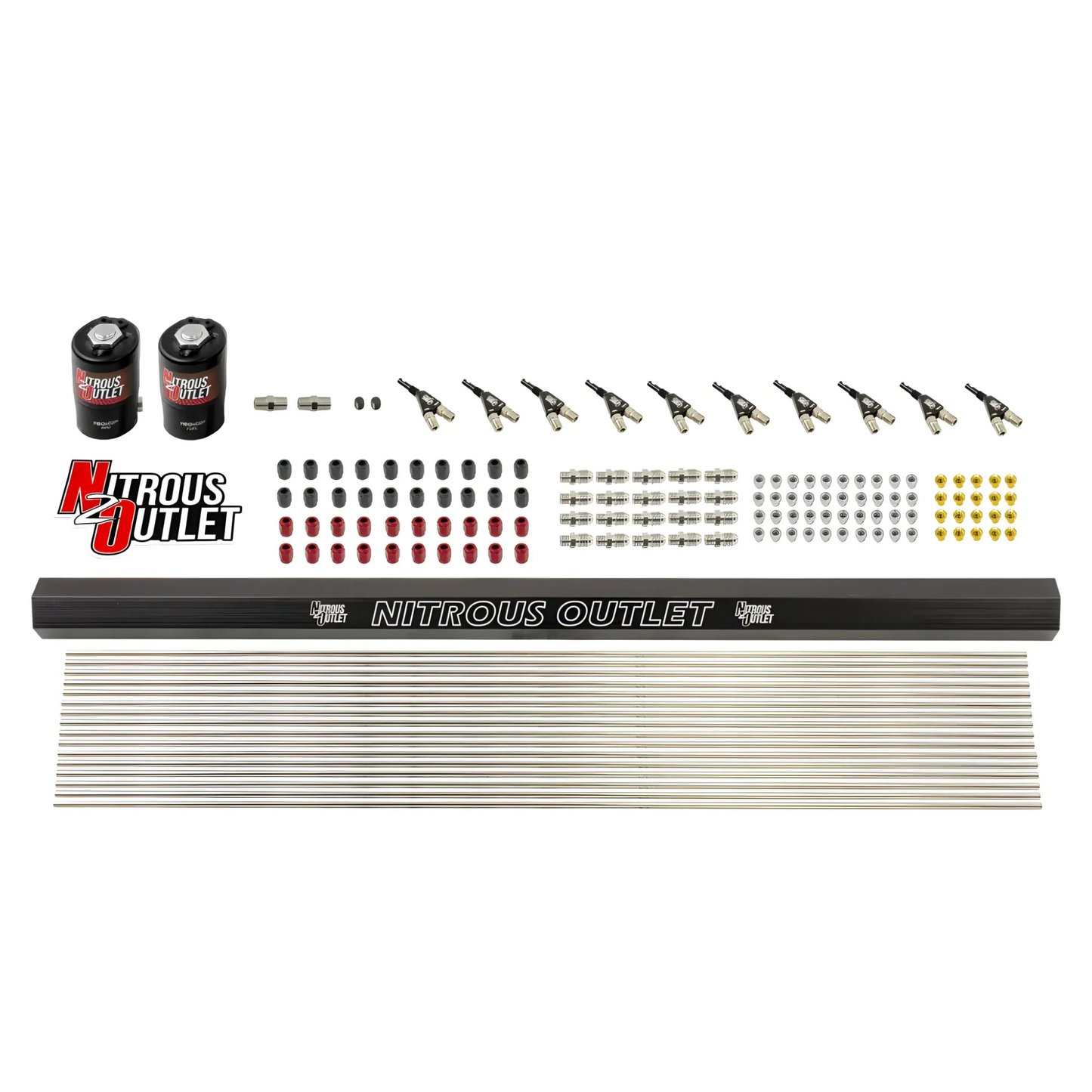 10 Cylinder Wet Direct Port Plumbers Kit With Single Rail - .122"/.310" Fuel Nitrous - 90° Aluminum Nozzles