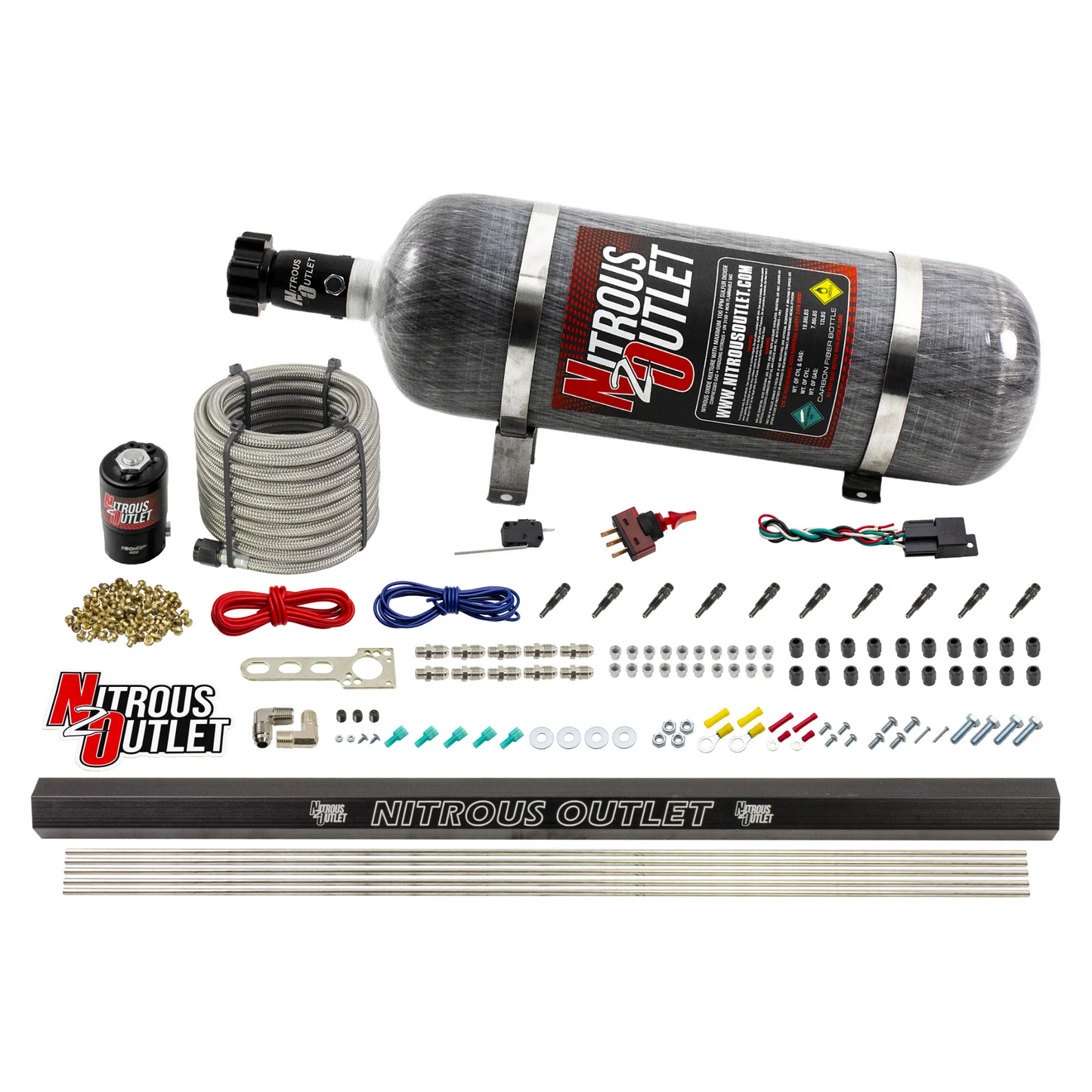10 Cylinder Dry Direct Port System With Single Injection Rail - .122" Nitrous - Straight Blow Through Aluminum Nozzles