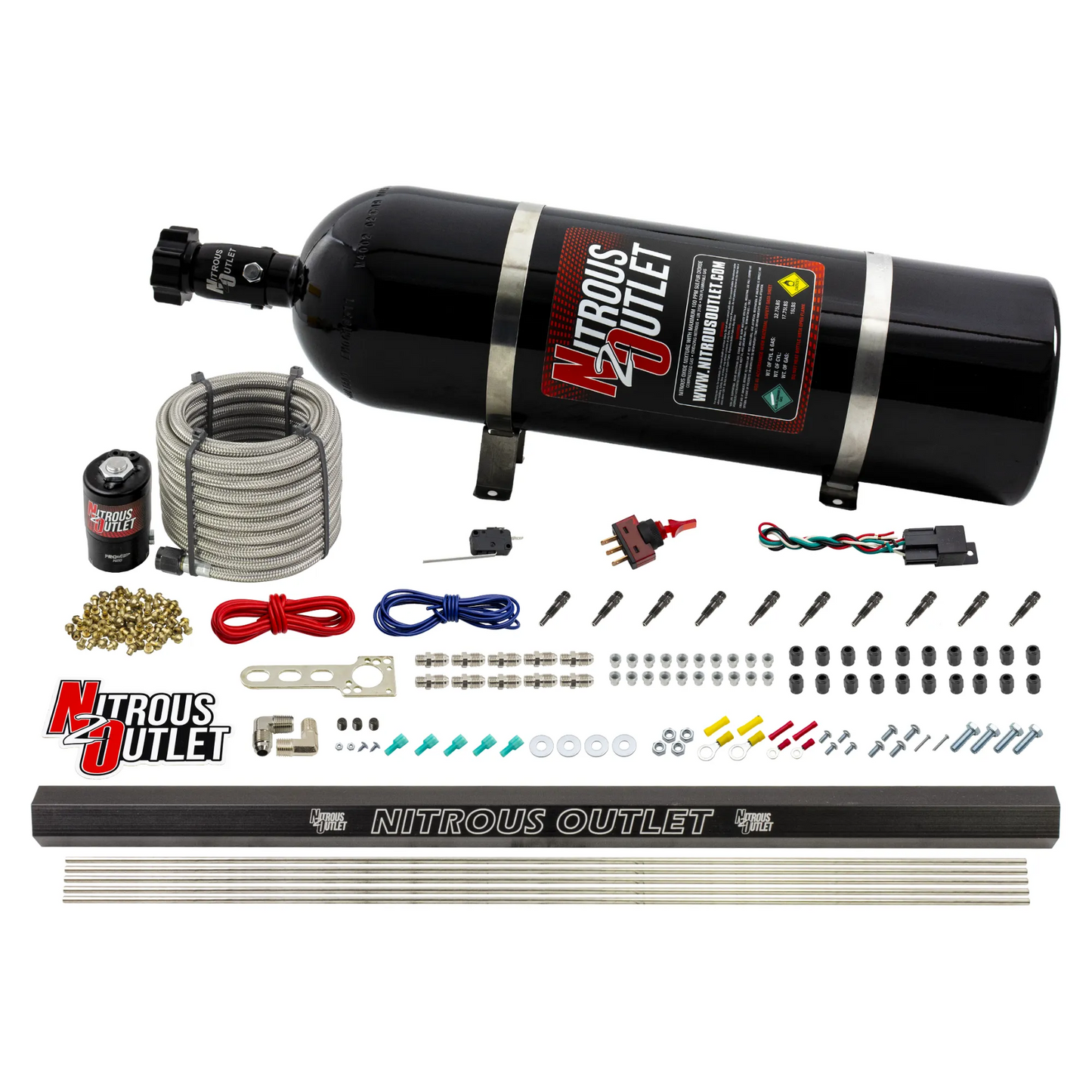 10 Cylinder Dry Direct Port System With Single Injection Rail - .122" Nitrous - Straight Blow Through Aluminum Nozzles