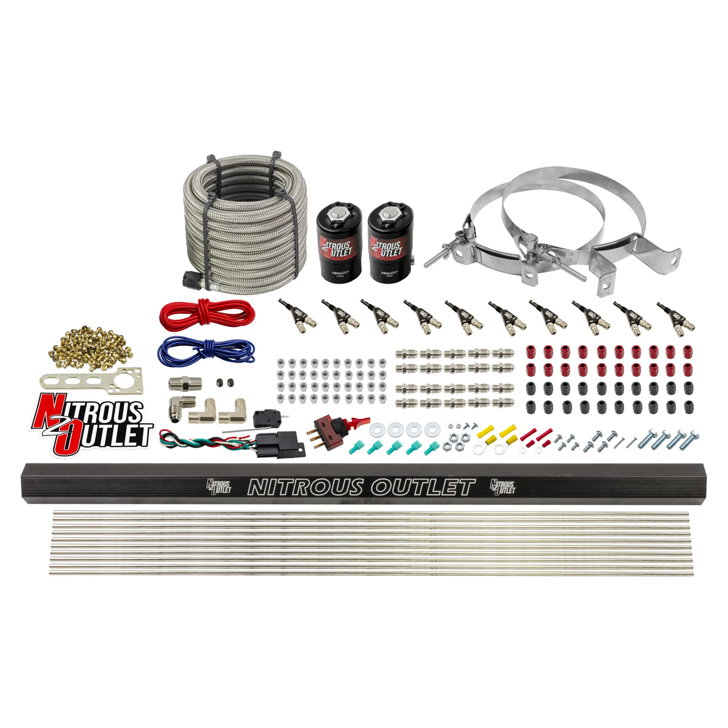 10 Cylinder Wet Direct Port System With Single Injection Rail - Alcohol - .122" Nitrous/.310" Fuel - 90° Aluminum Nozzles