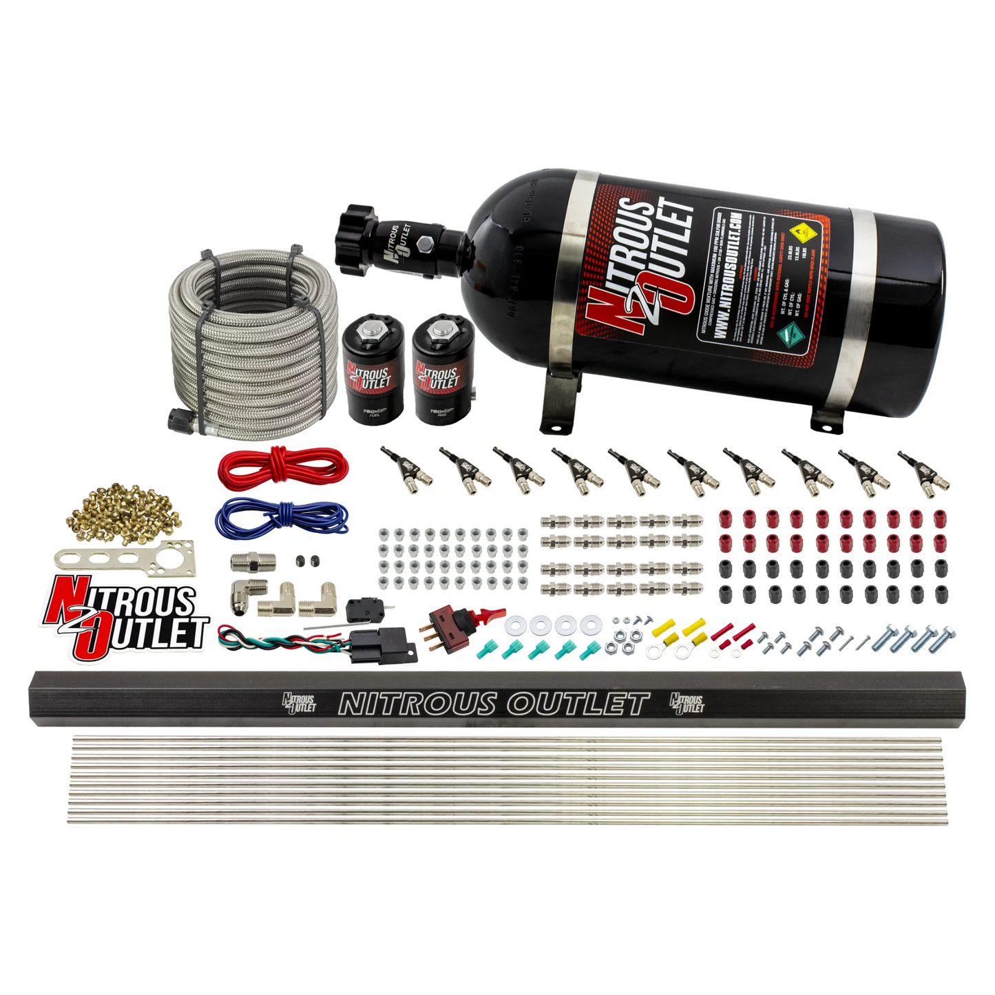 10 Cylinder Wet Direct Port System With Single Injection Rail - Alcohol - .122" Nitrous/.310" Fuel - 90° Aluminum Nozzles