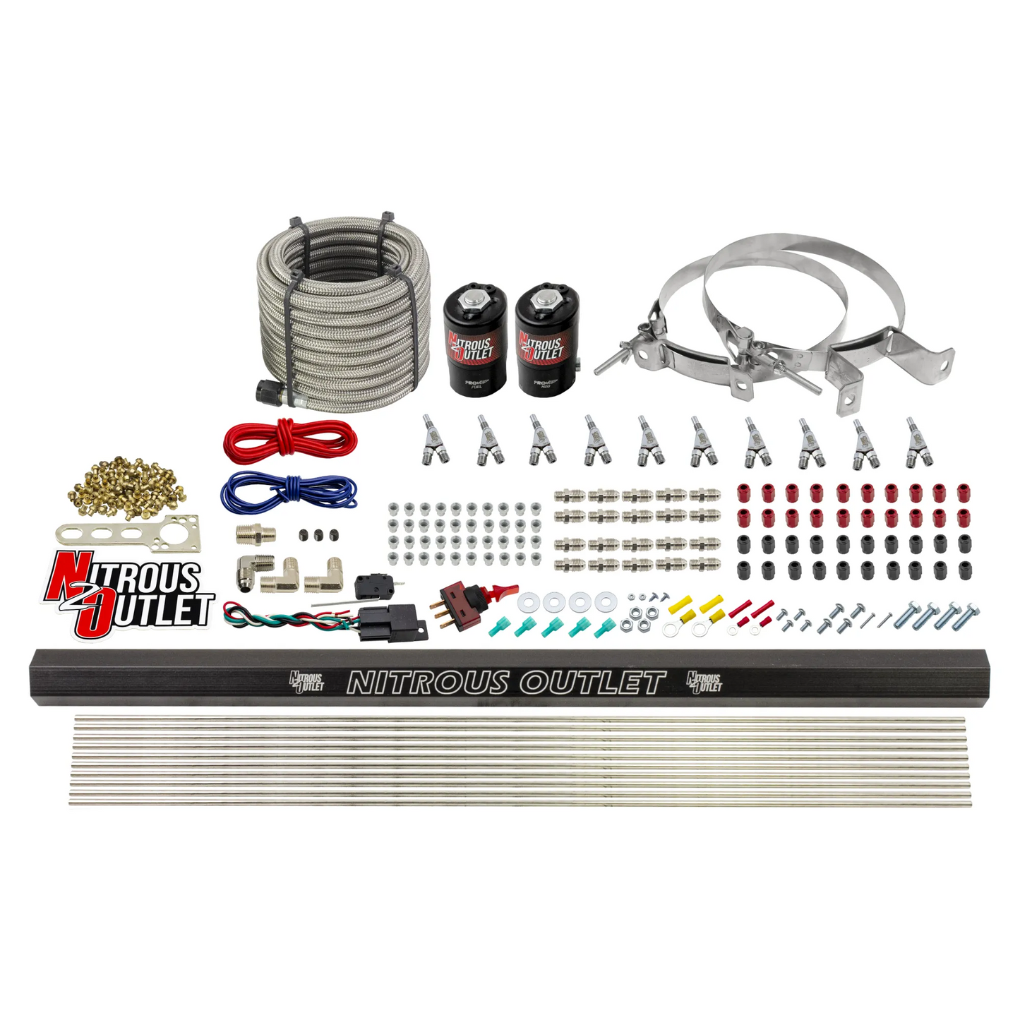 10 Cylinder Wet Direct Port System With Single Injection Rail - Alcohol - .122" Nitrous/.310" Fuel - Straight Blow Through Aluminum Nozzles