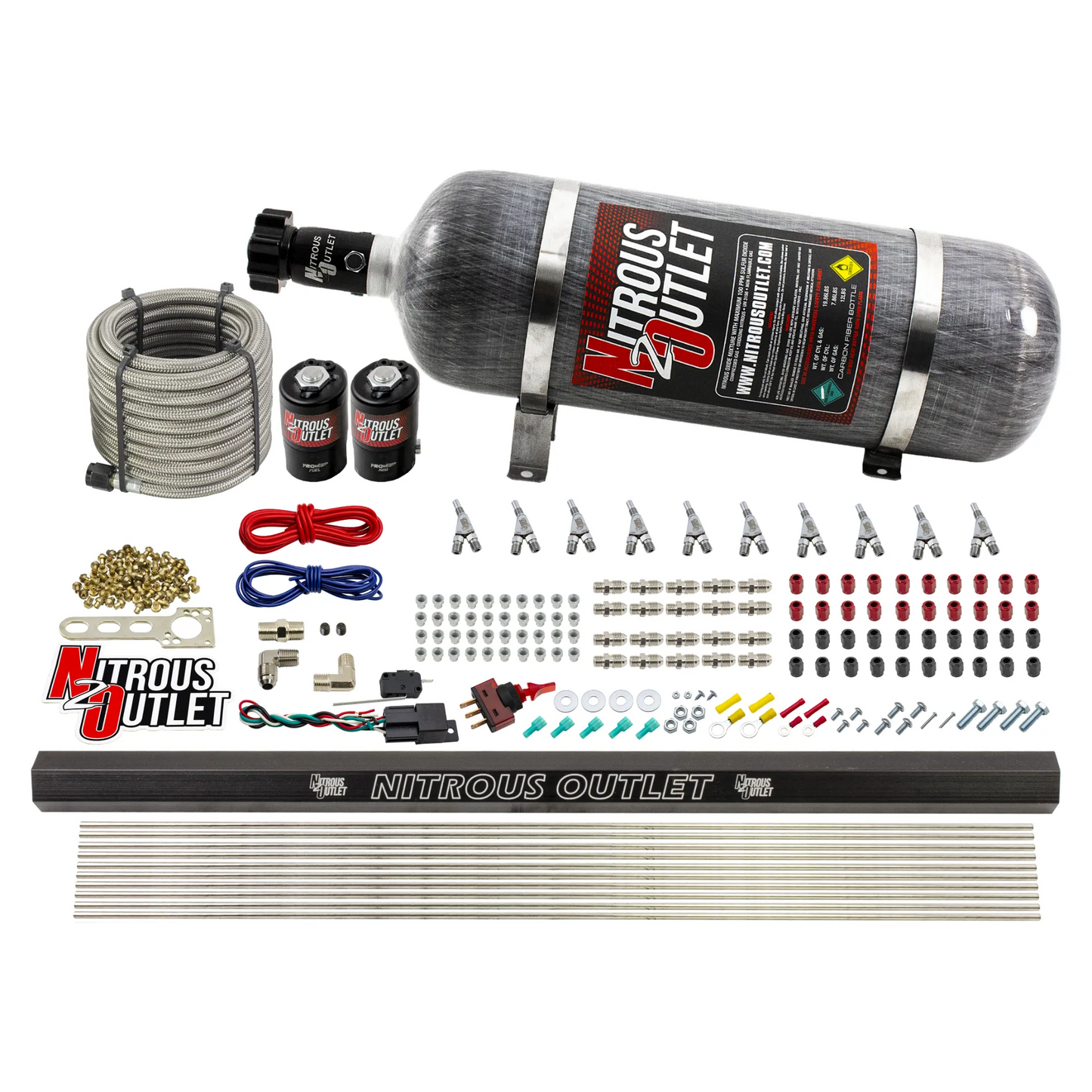 10 Cylinder Wet Direct Port System With Single Injection Rail - Alcohol - .122" Nitrous/.310" Fuel - Straight Blow Through Aluminum Nozzles