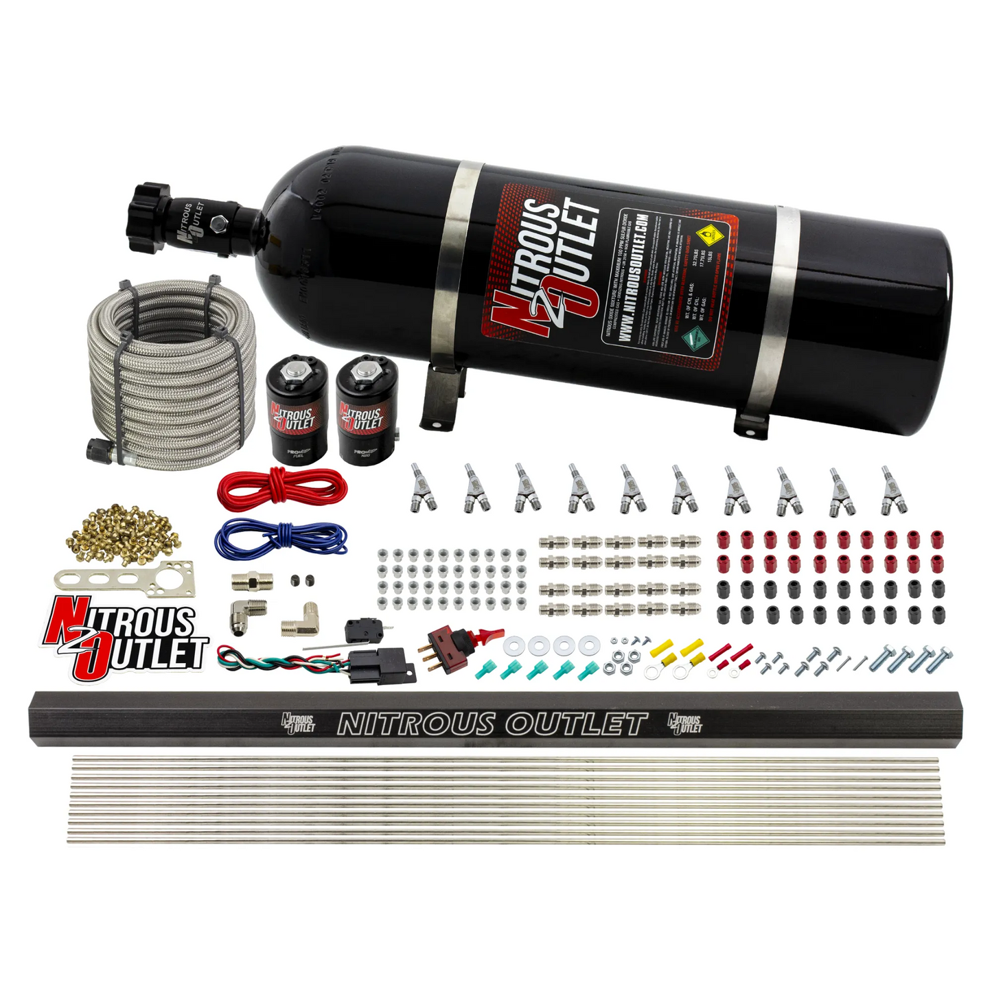 10 Cylinder Wet Direct Port System With Single Injection Rail - Alcohol - .122" Nitrous/.310" Fuel - Straight Blow Through Aluminum Nozzles